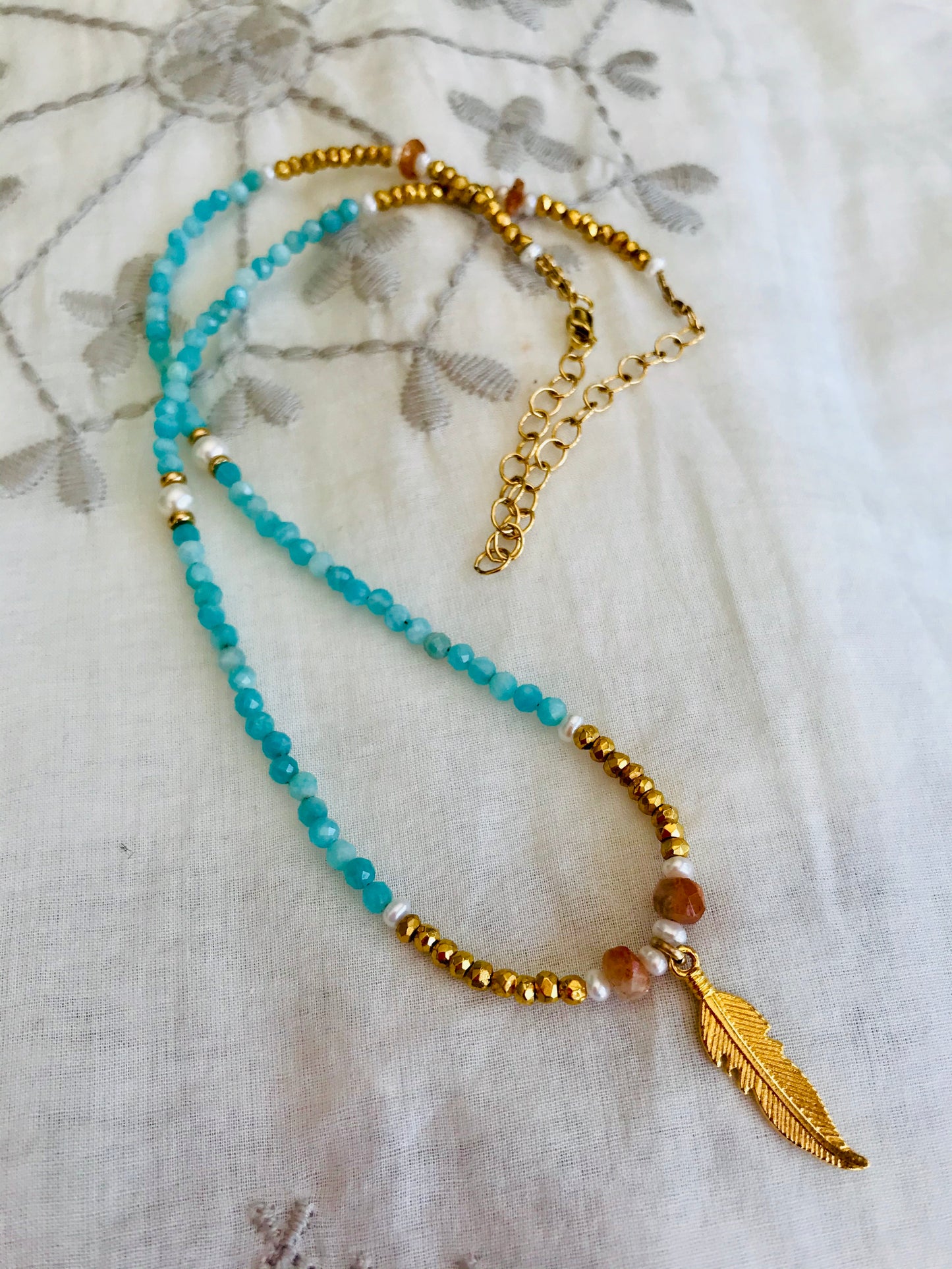 Amazonite Sunstone feather necklace