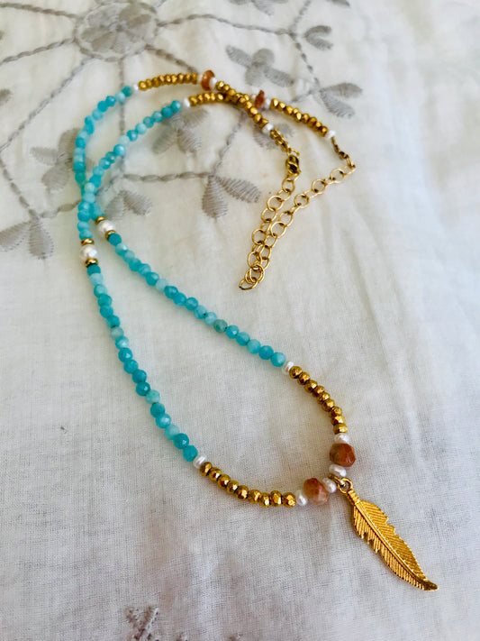 Amazonite Sunstone feather necklace