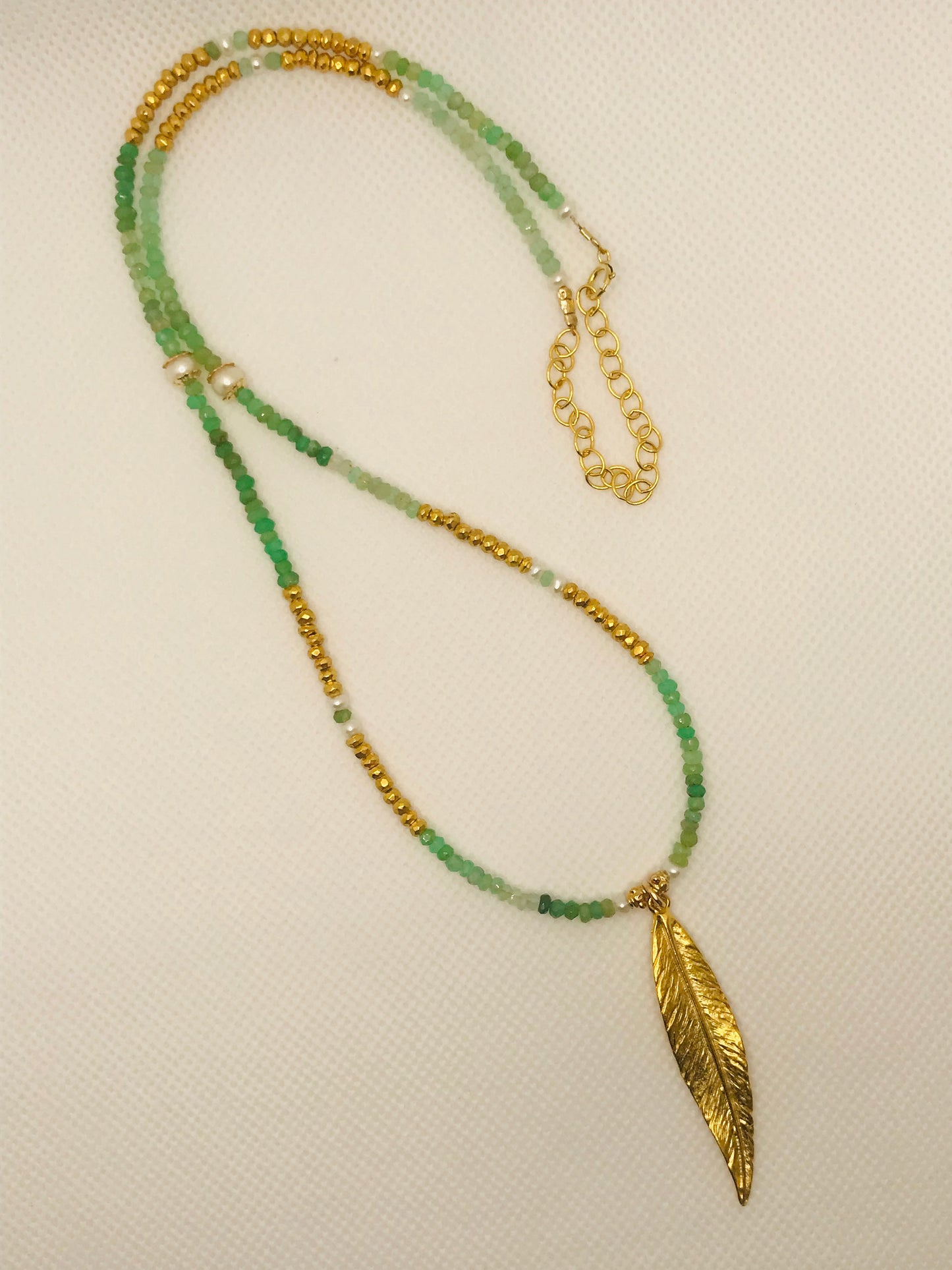 Chrysoprase long Feather Charm Necklace