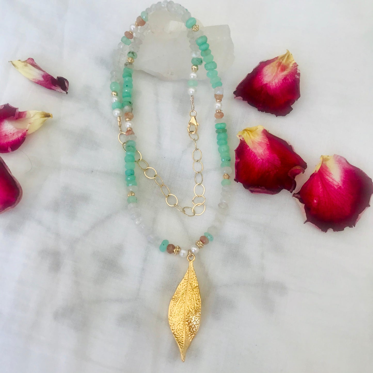 Moonstone Chrysoprase Feather Charm Necklace