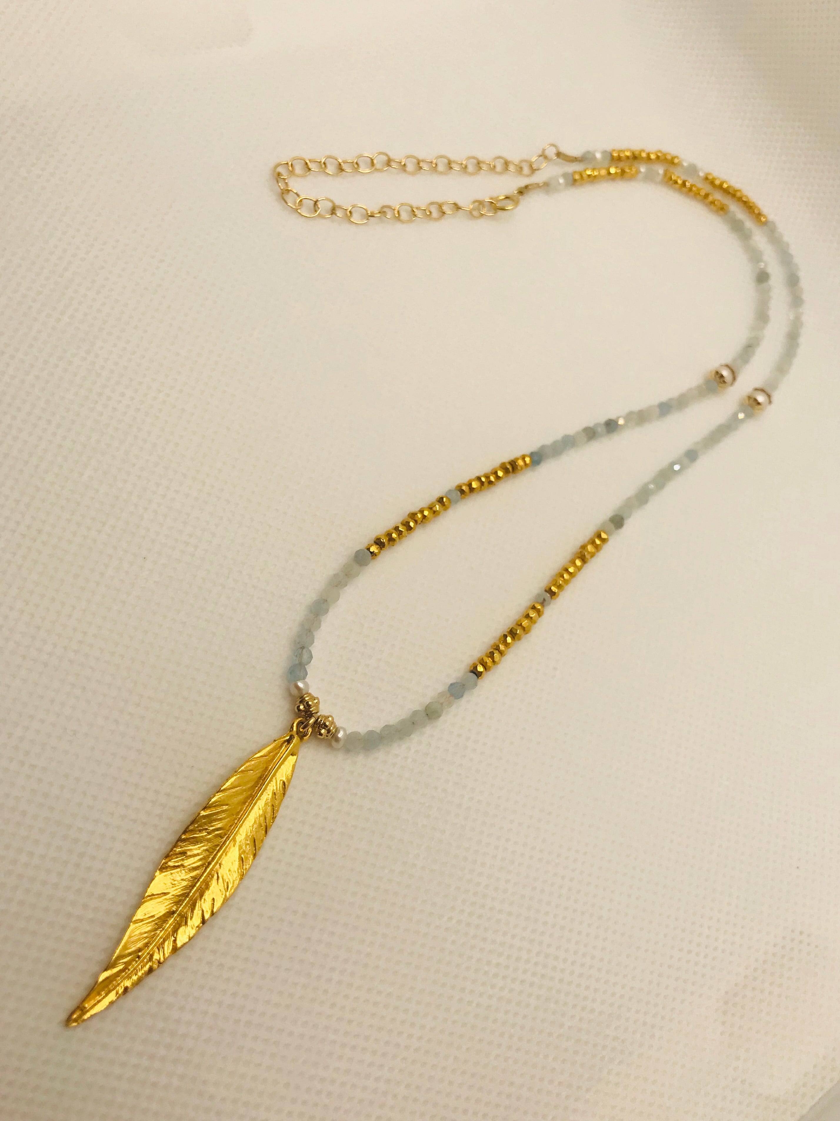 Aquamarine Long Feather Charm Necklace