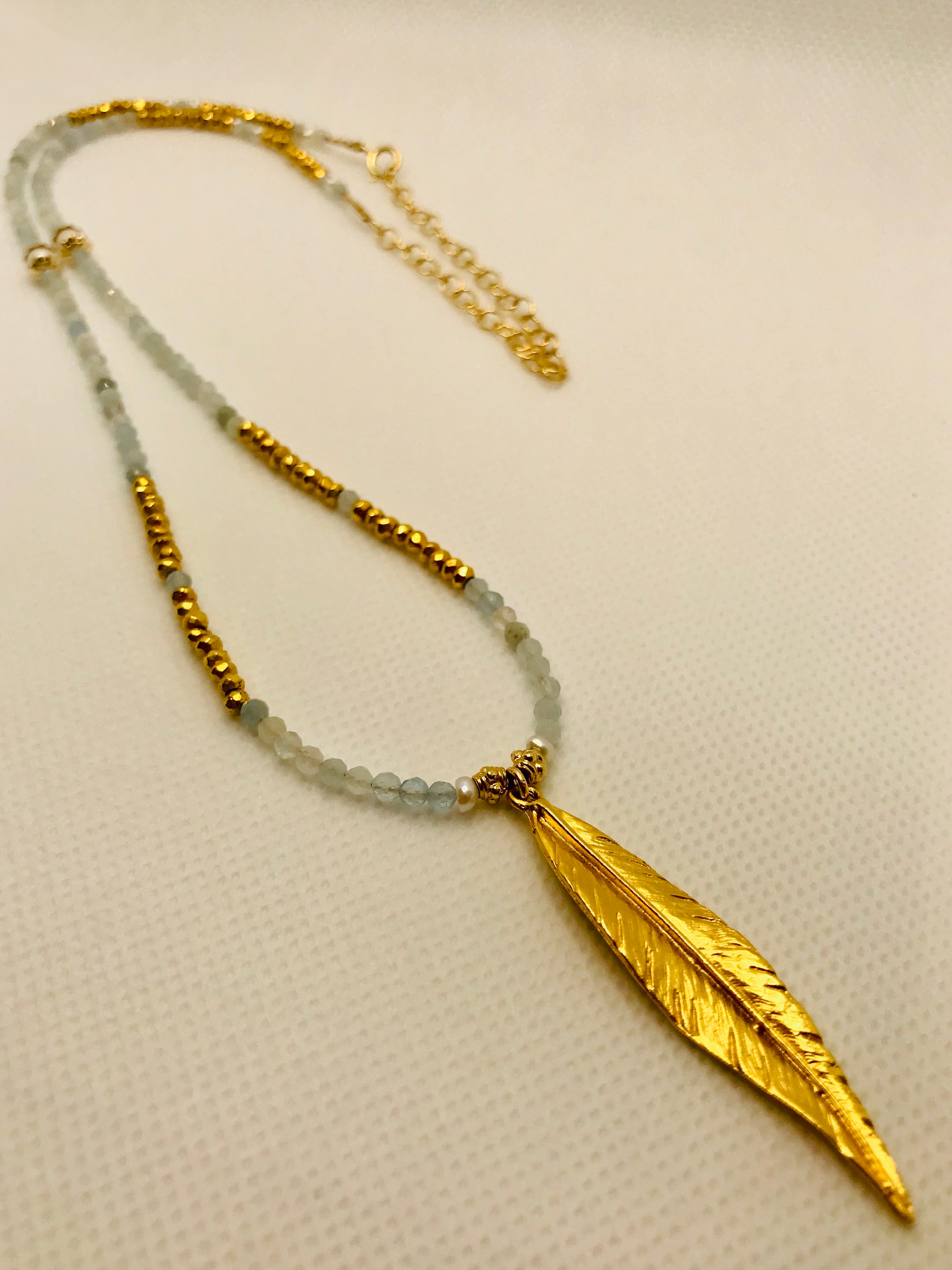 Aquamarine Long Feather Charm Necklace