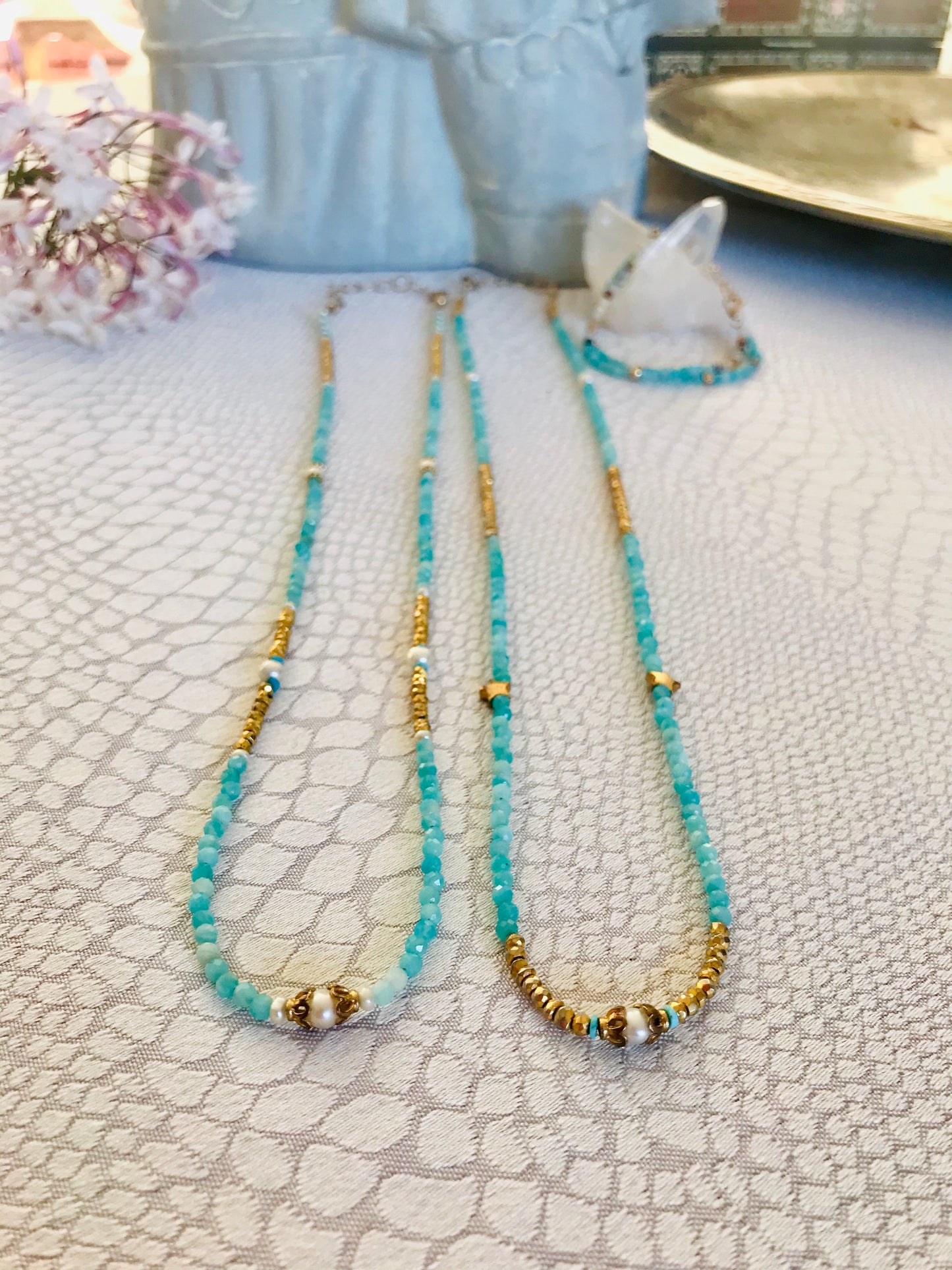 Amazonite Pyrite Long Stacking Necklace