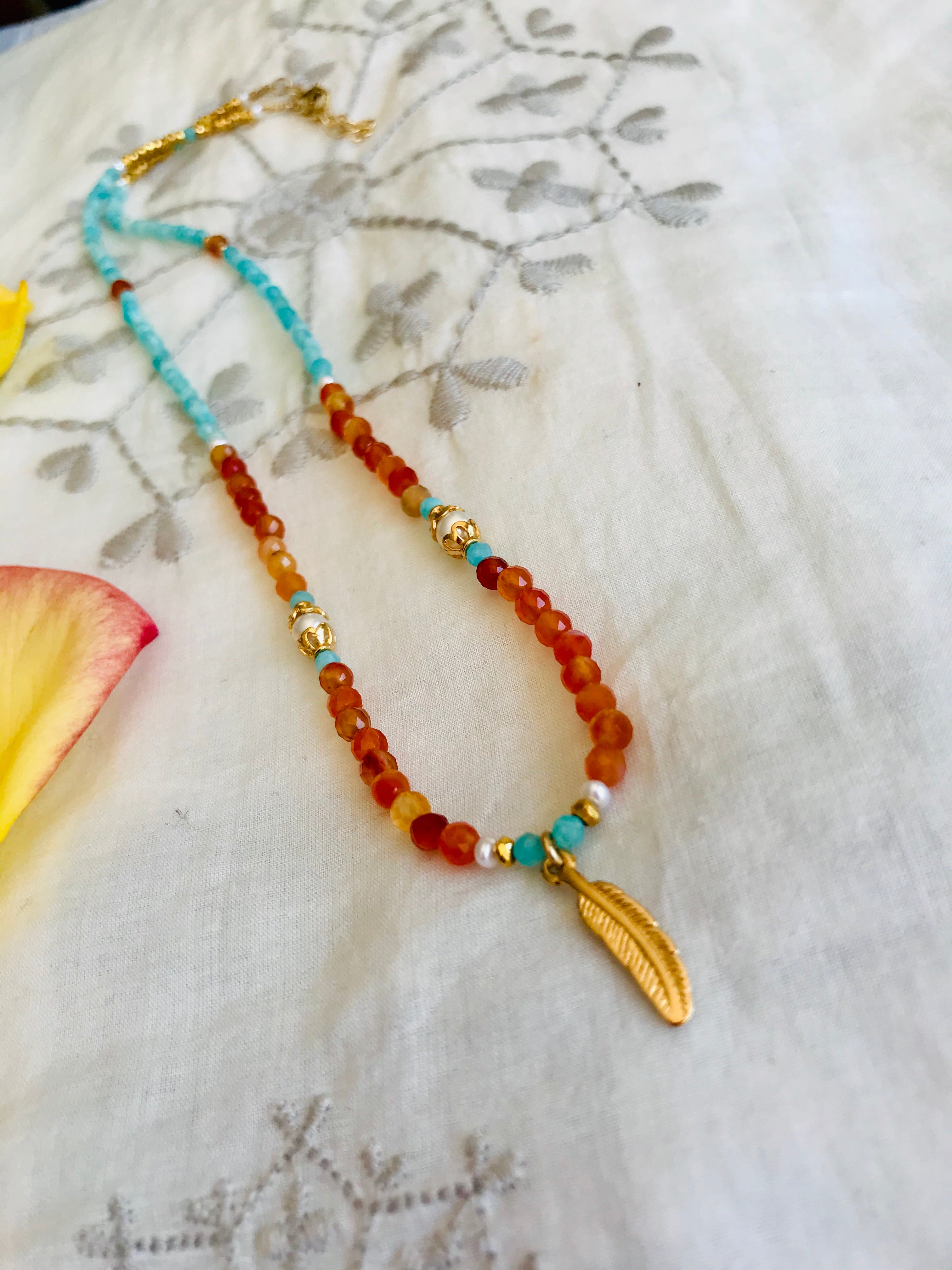 Amazonite Carnelian feather necklace (long)