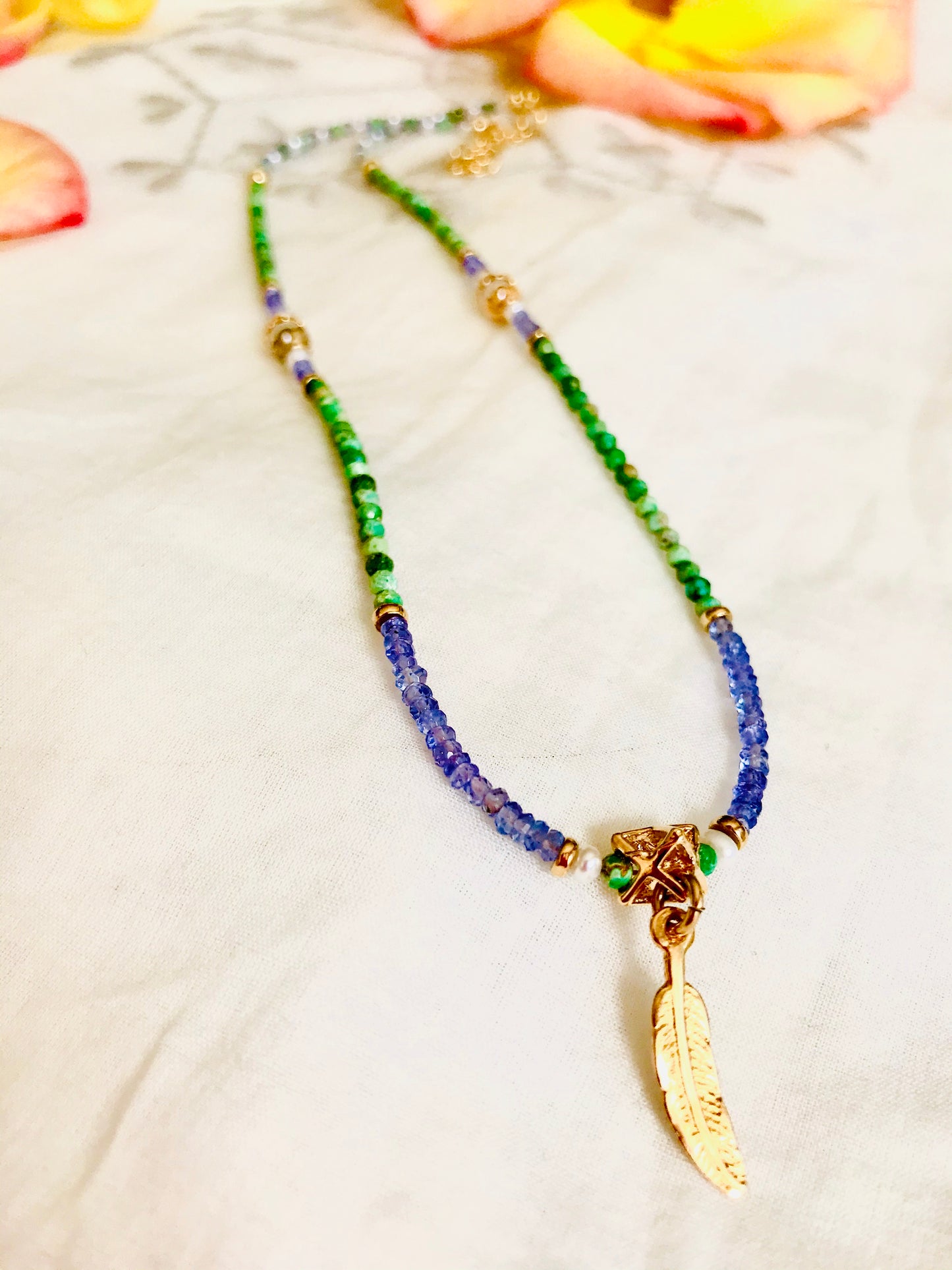 Tanzanite Green Turquoise Merkavah Feather Necklace