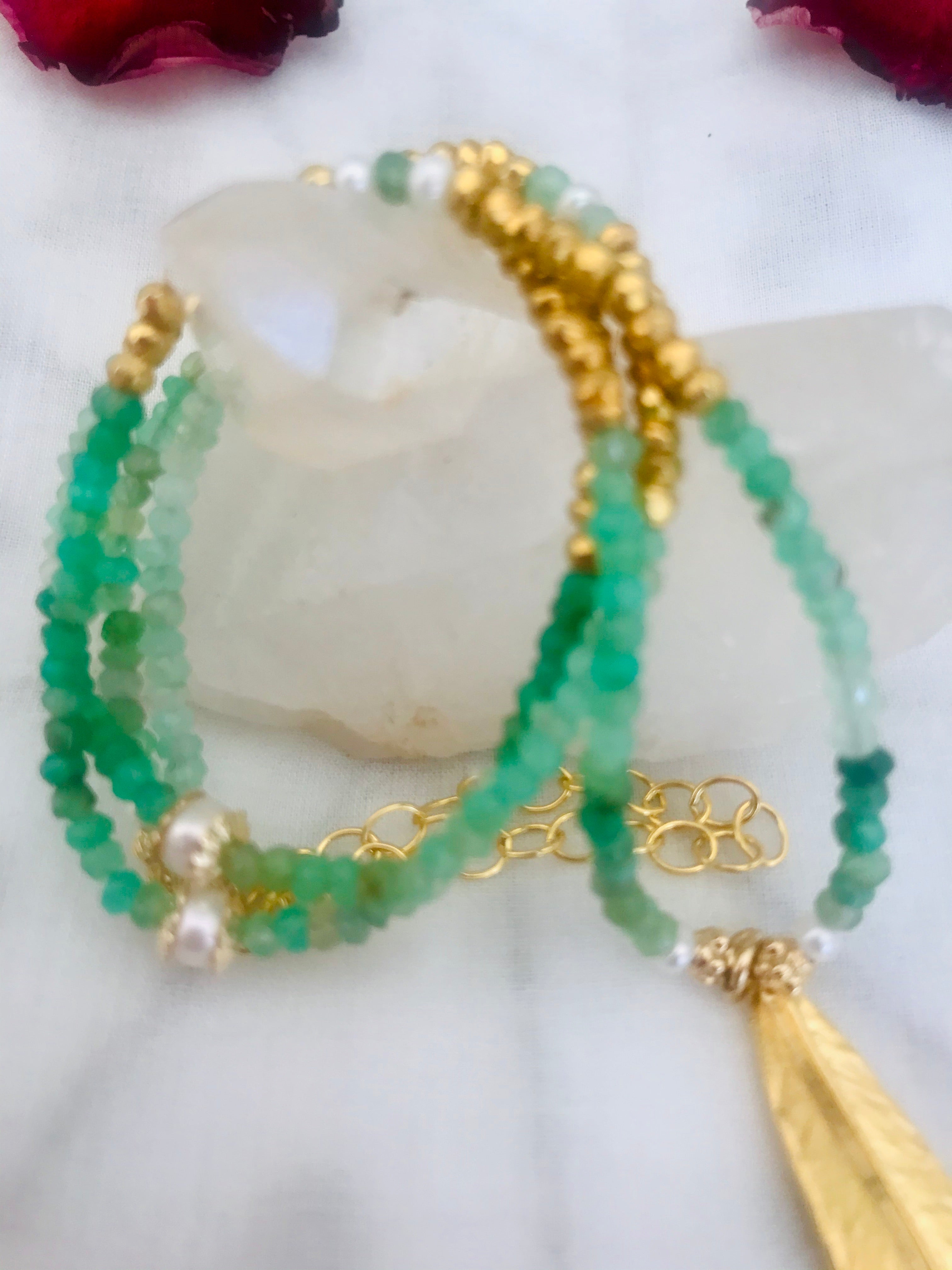 Chrysoprase long Feather Charm Necklace