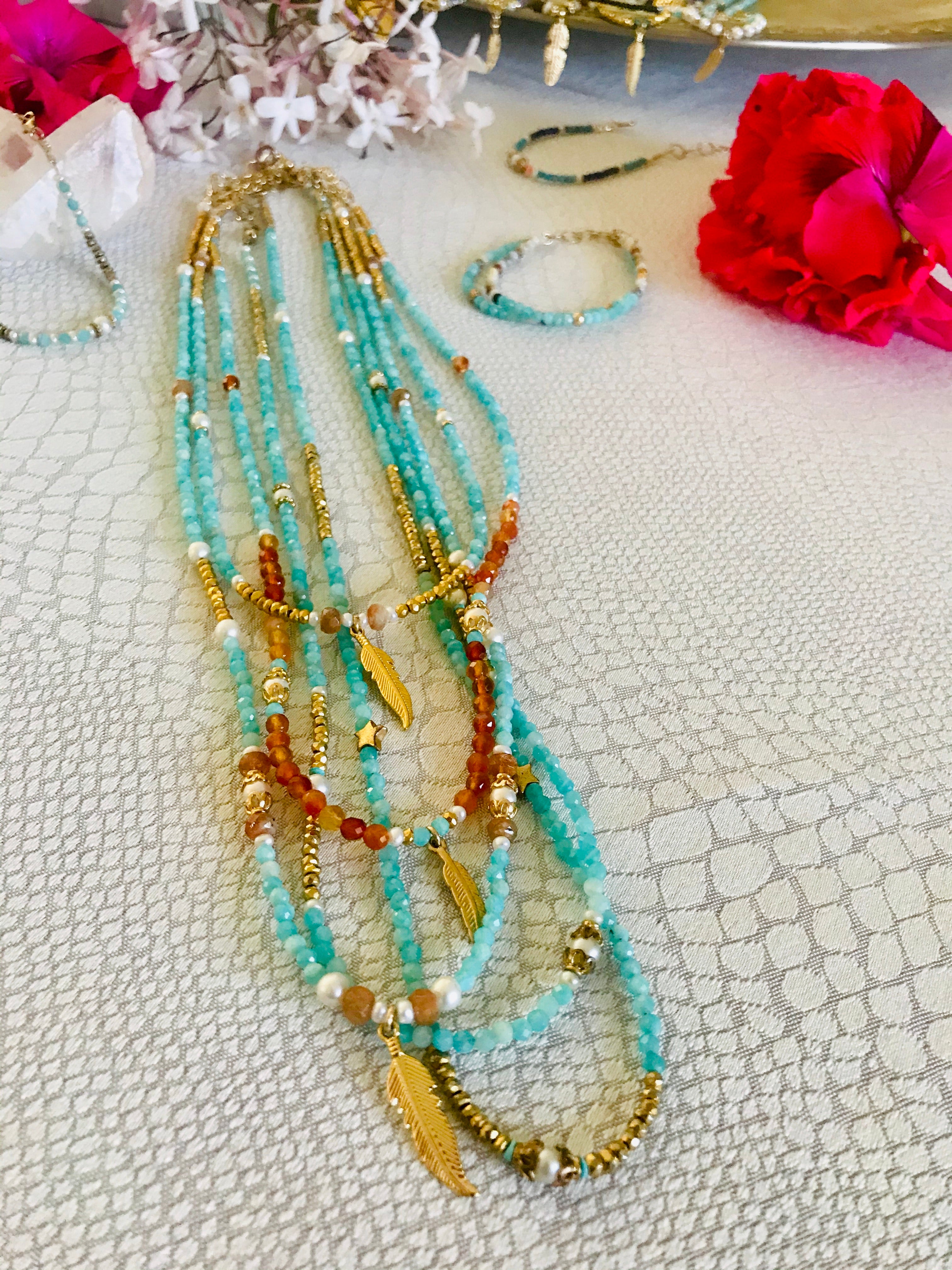 Amazonite Carnelian feather necklace (long)