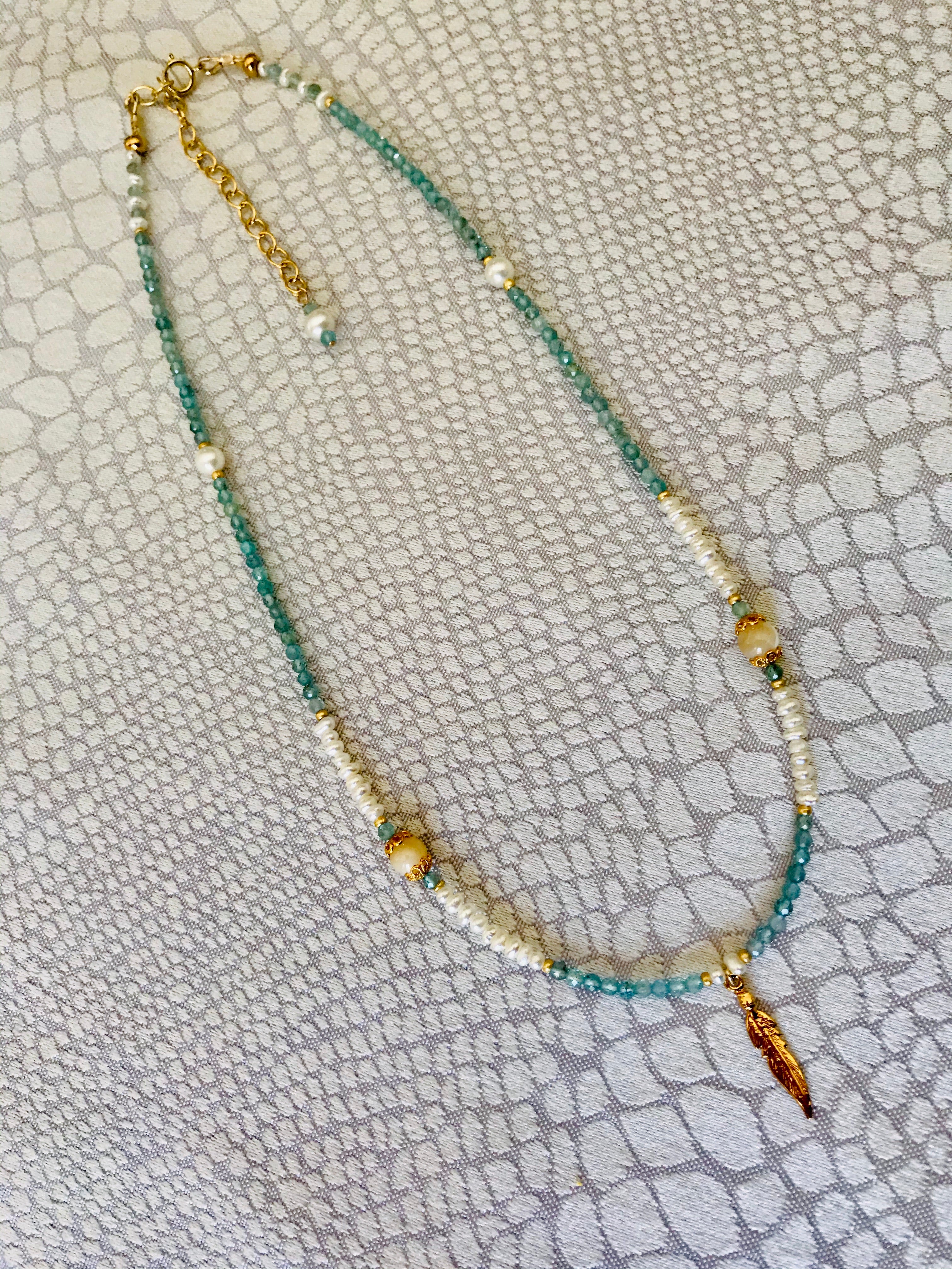 Apatite Mother of Pearl Feather Charm Necklace