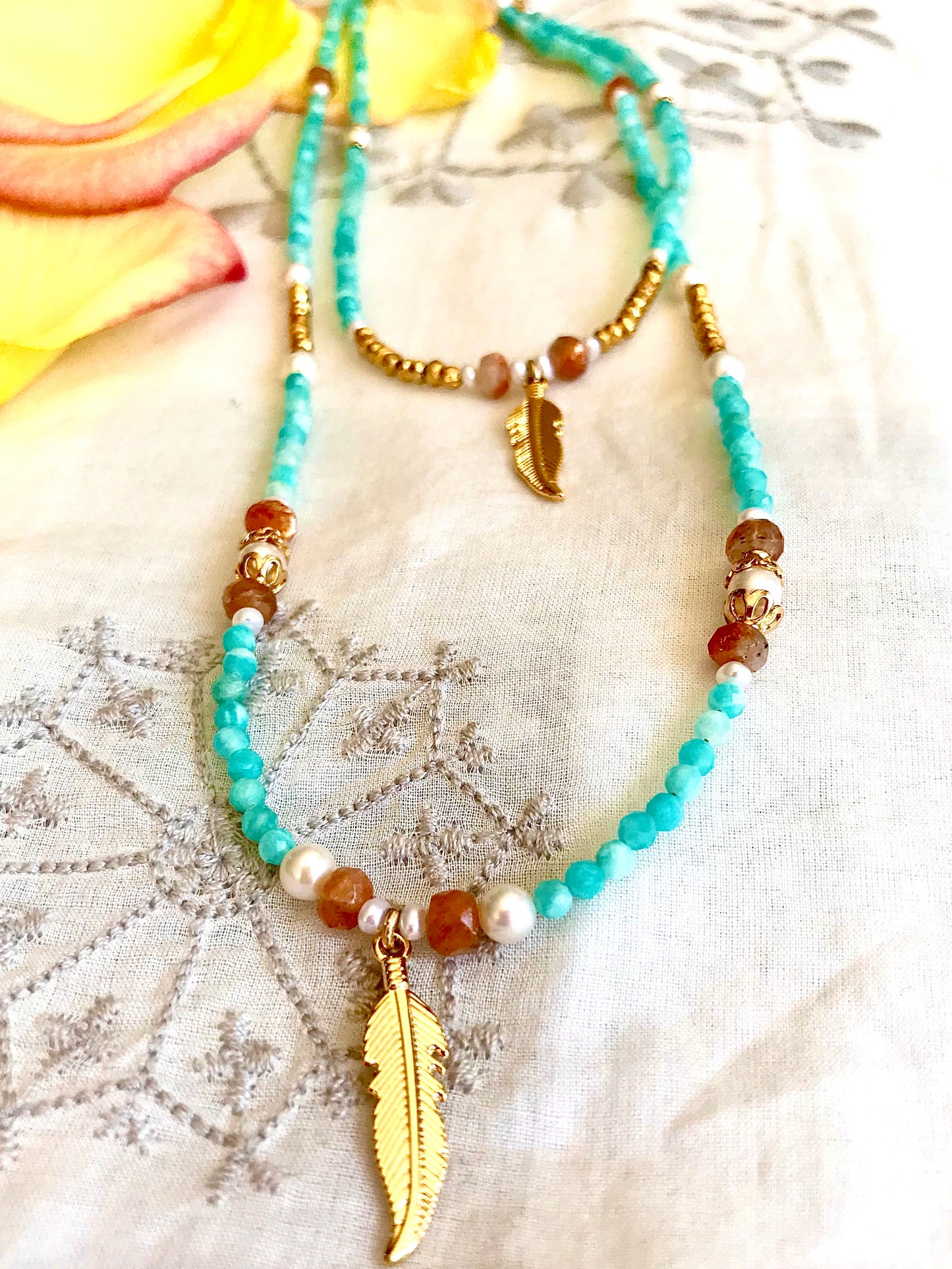 Amazonite Sunstone feather necklace (long)