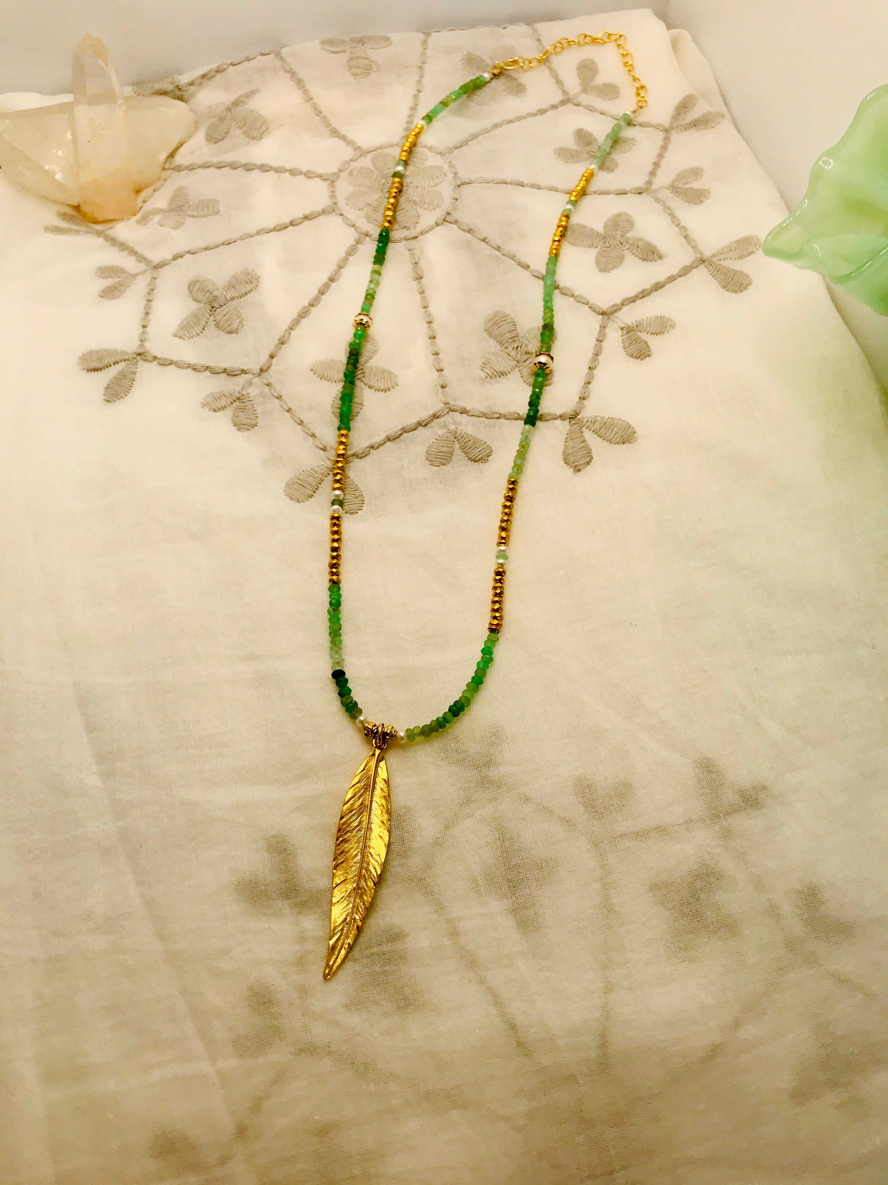 Chrysoprase long Feather Charm Necklace