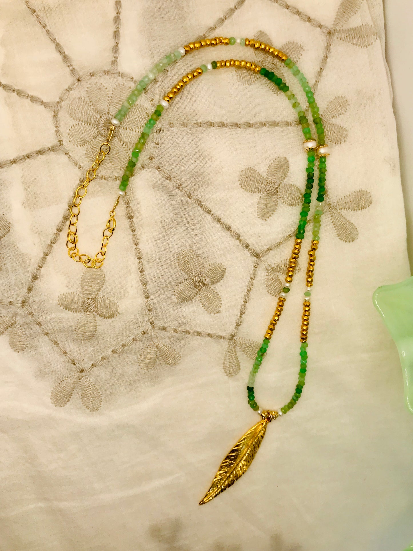 Chrysoprase long Feather Charm Necklace