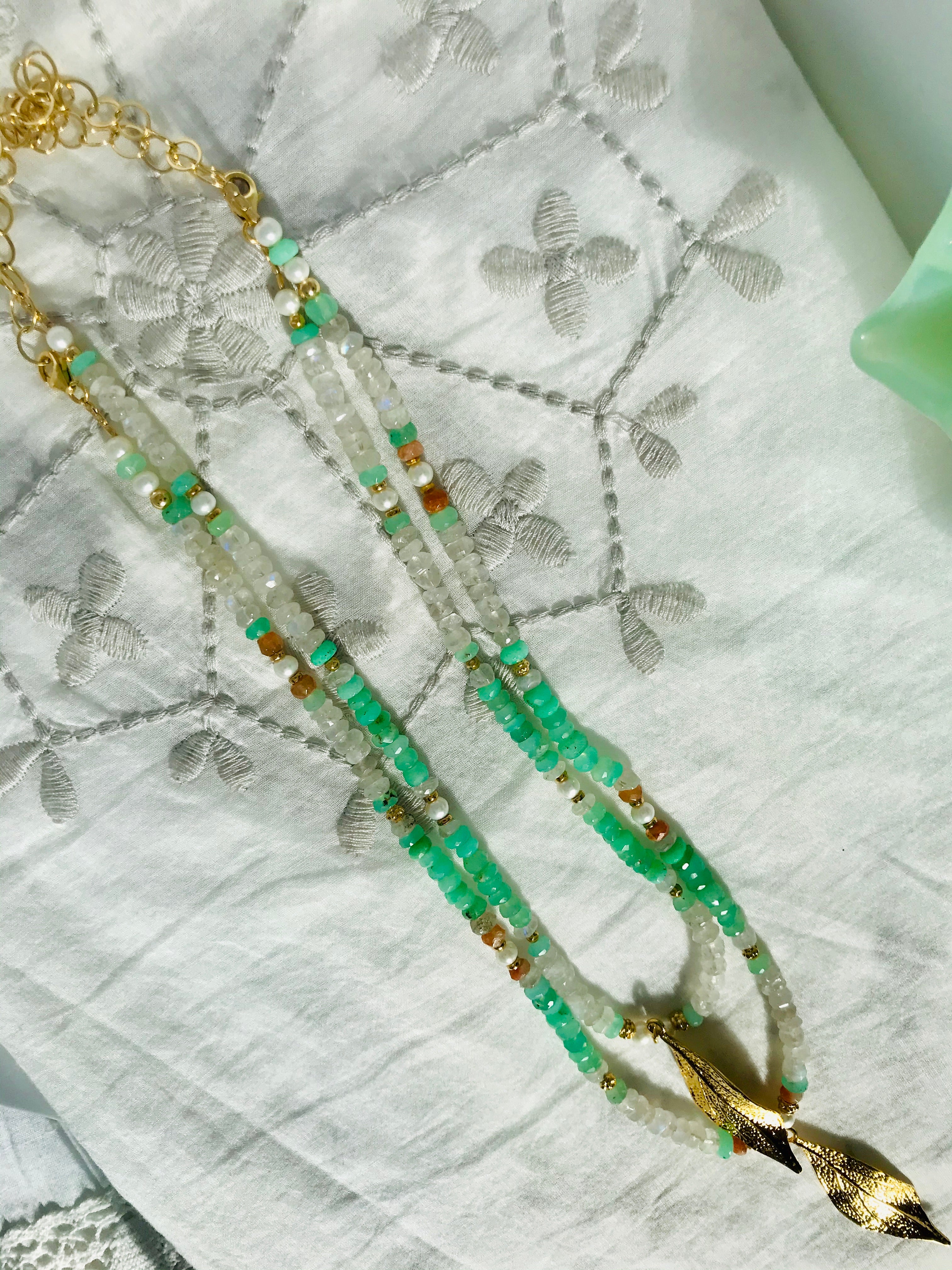 Moonstone Chrysoprase Feather Charm Necklace