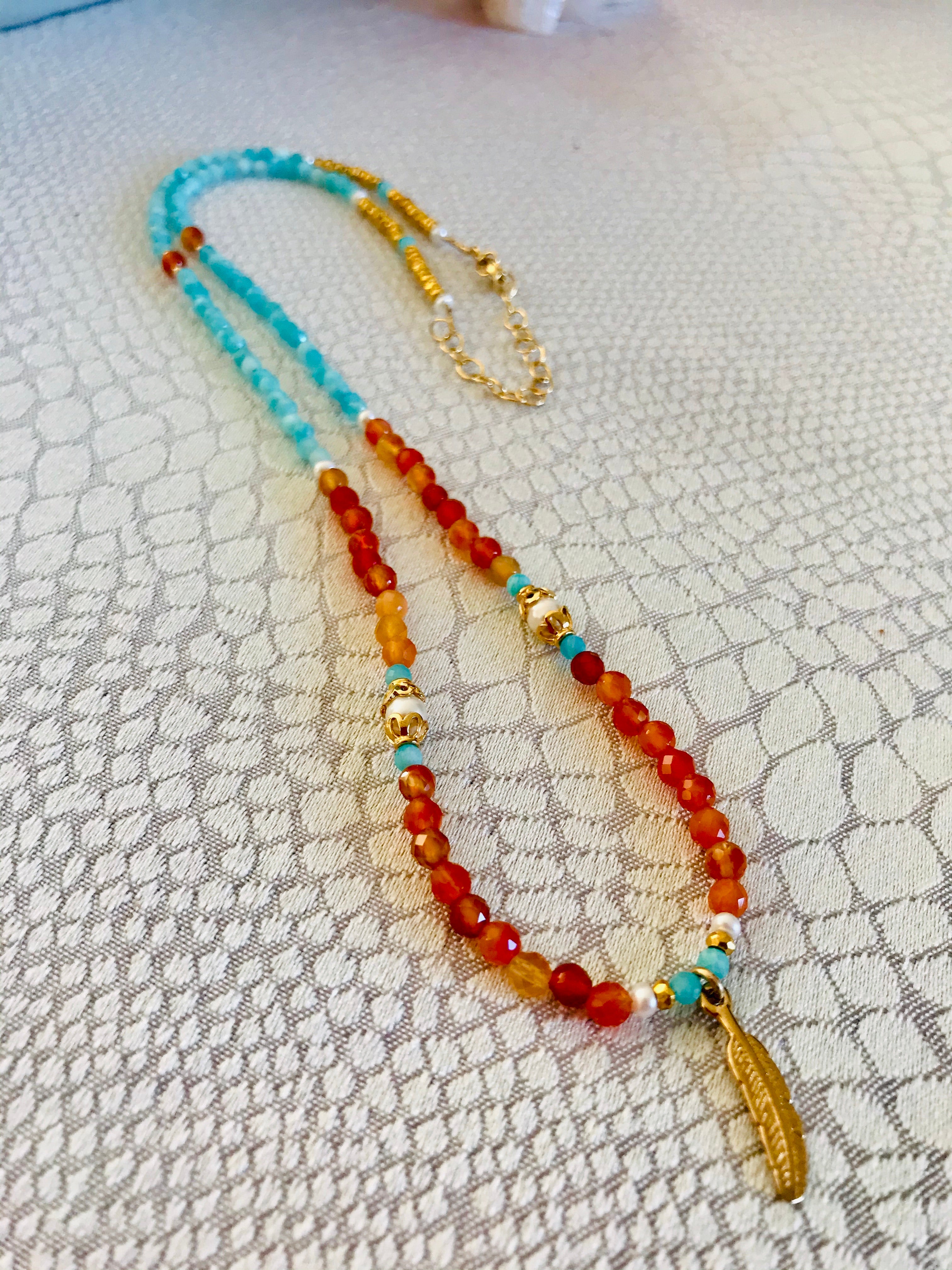 Amazonite Carnelian feather necklace (long)