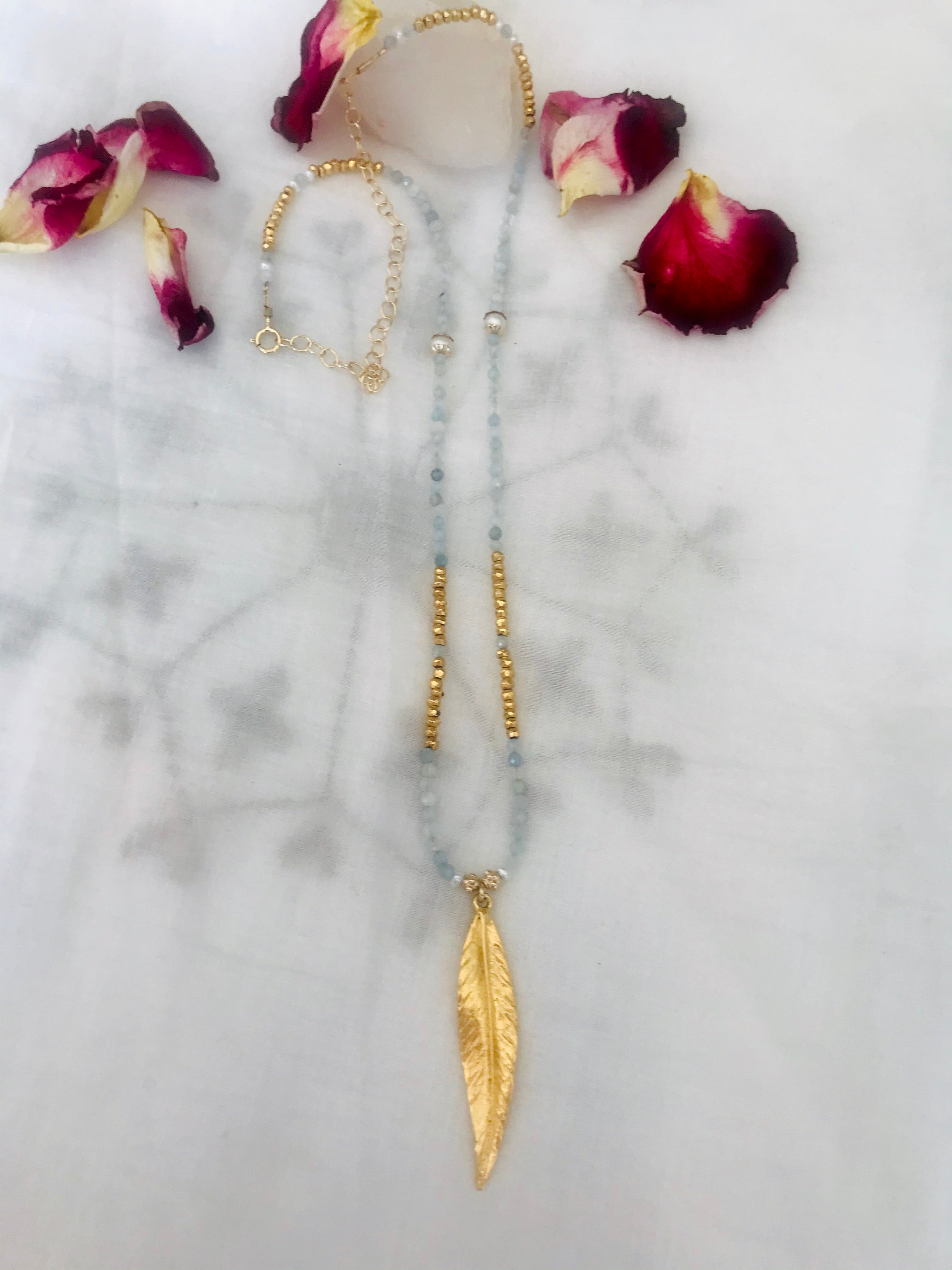 Aquamarine Long Feather Charm Necklace