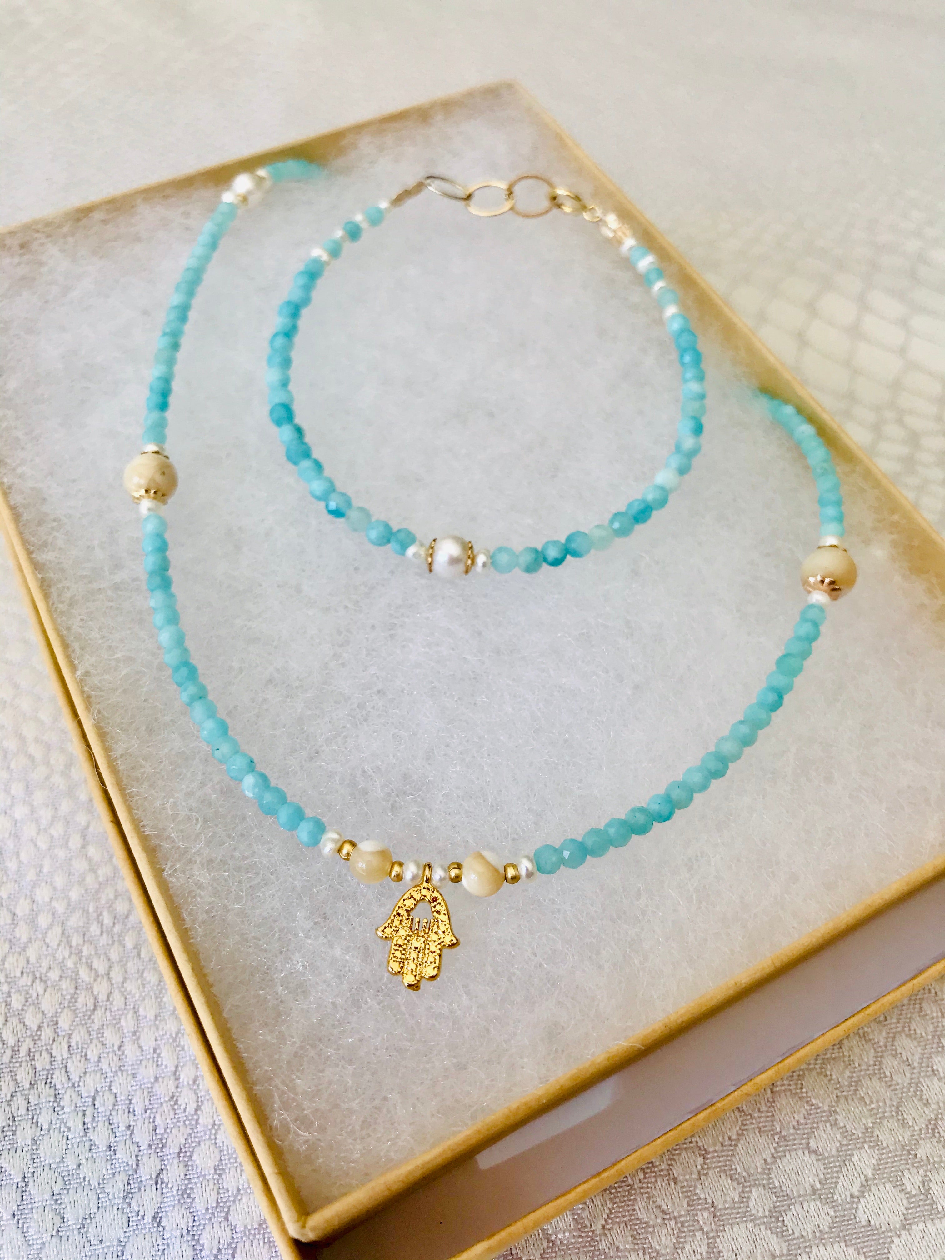 Amazonite & Mother of Pearl Hamsah necklace & bracelet set