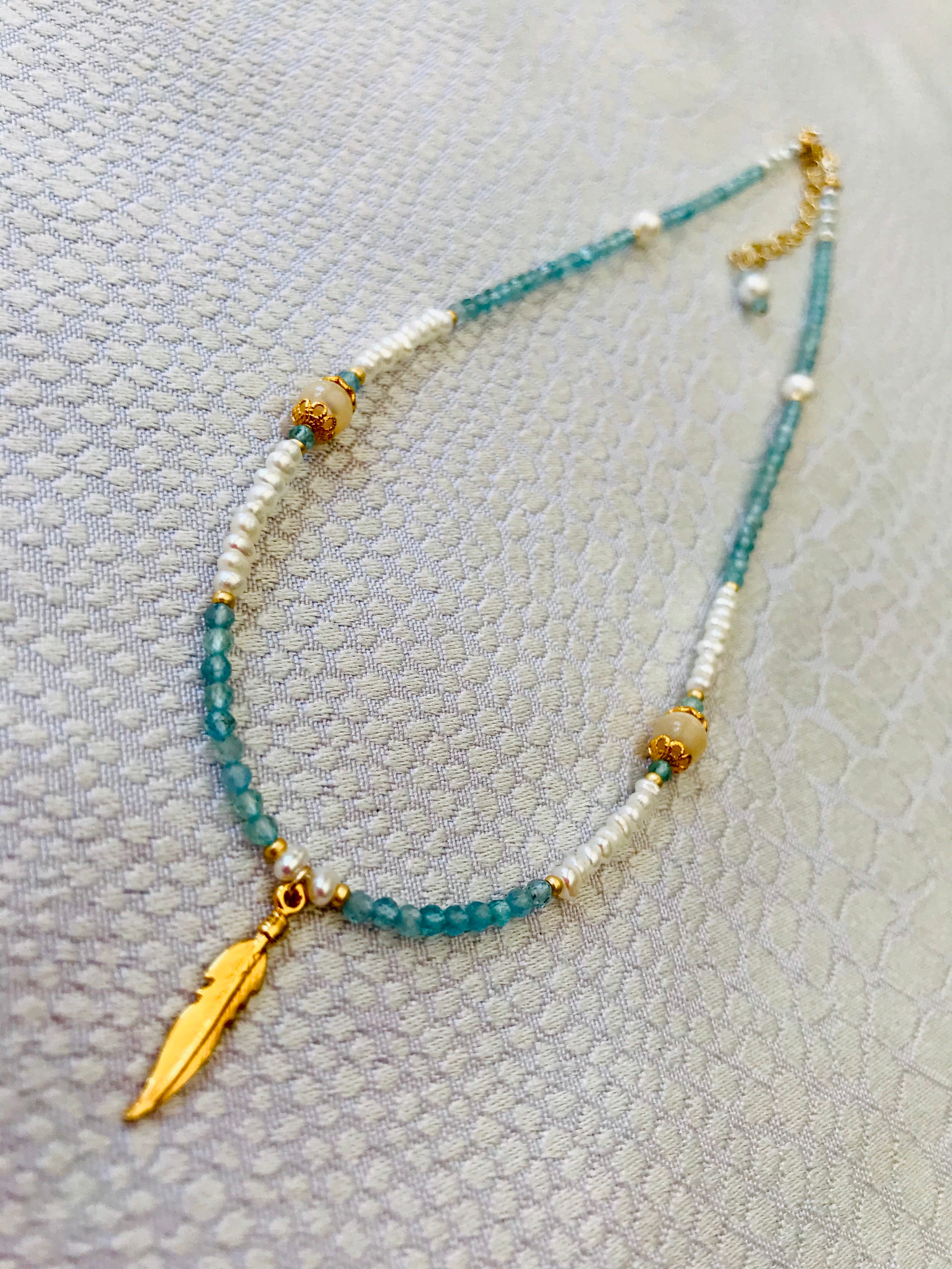 Apatite Mother of Pearl Feather Charm Necklace