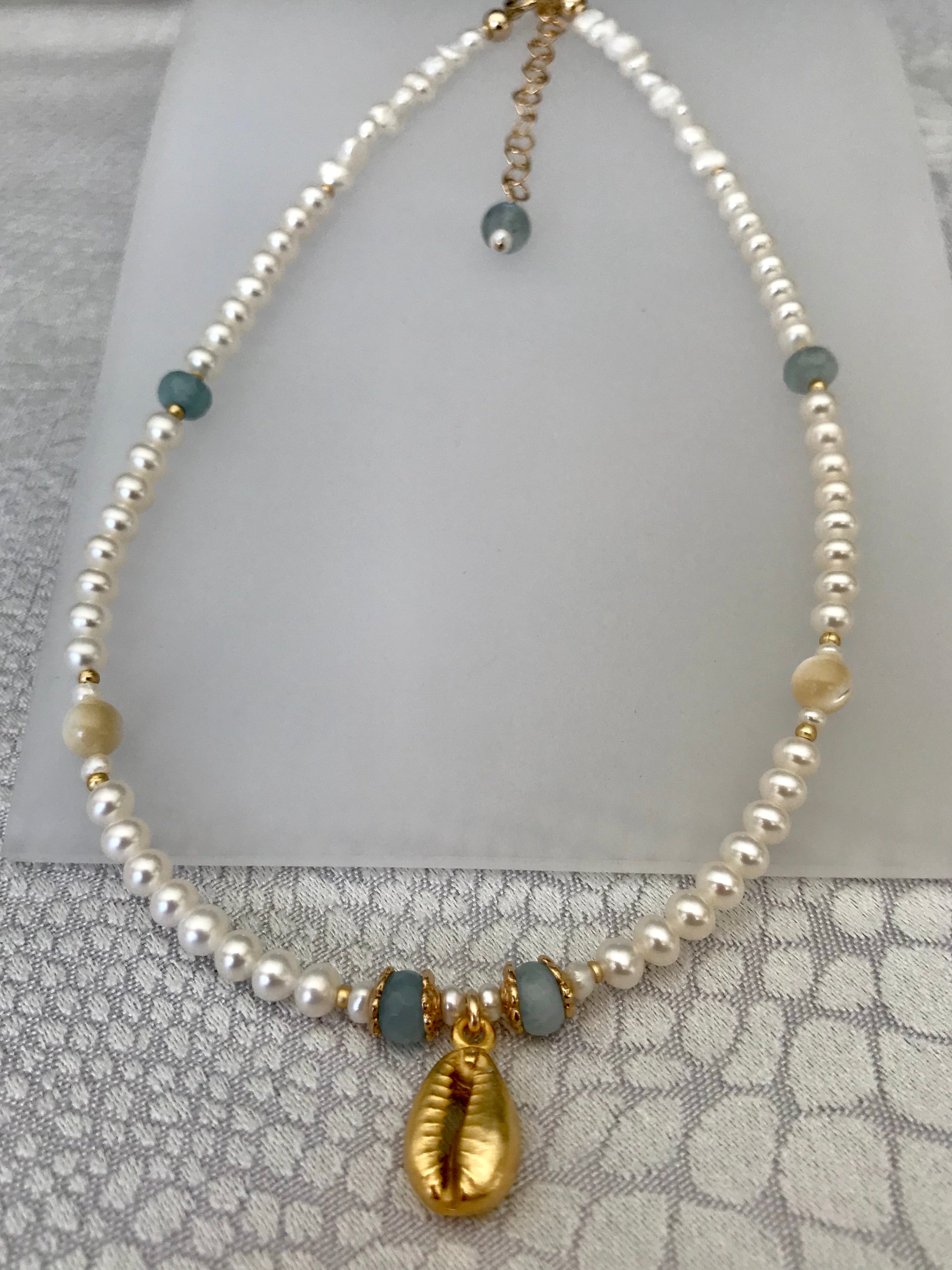 Pearl Aquamarine Choker & Sea shell charm