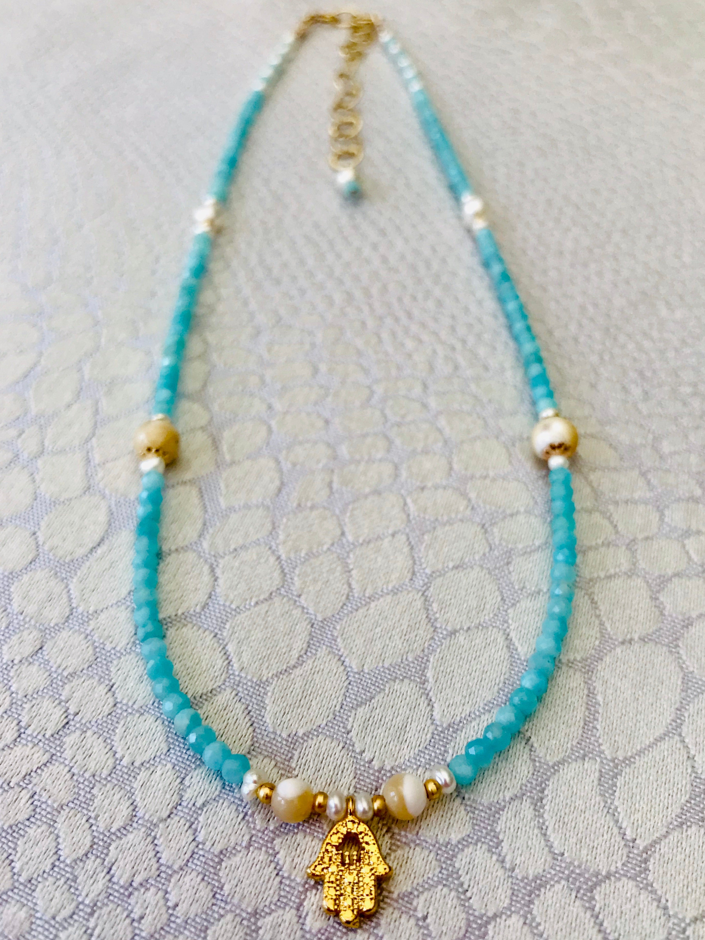 Amazonite & Mother of Pearl Hamsah necklace & bracelet set