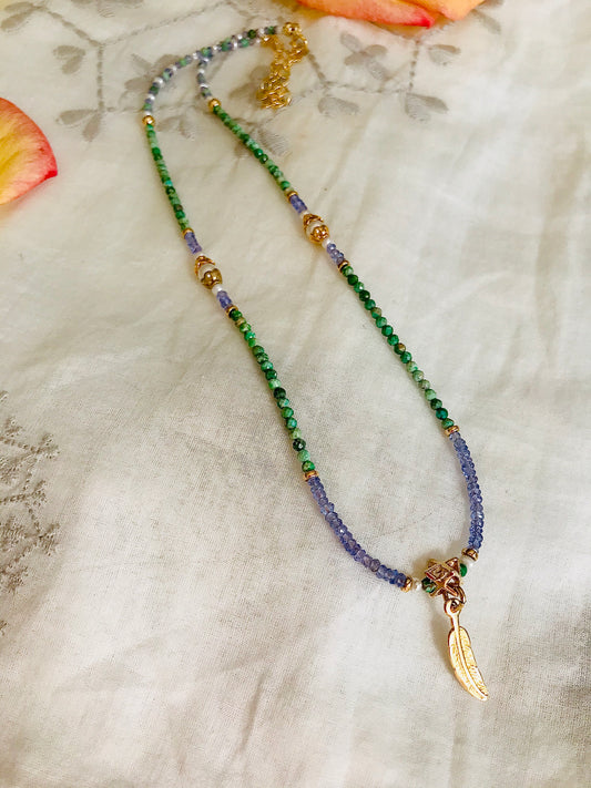 Tanzanite Green Turquoise Merkavah Feather Necklace