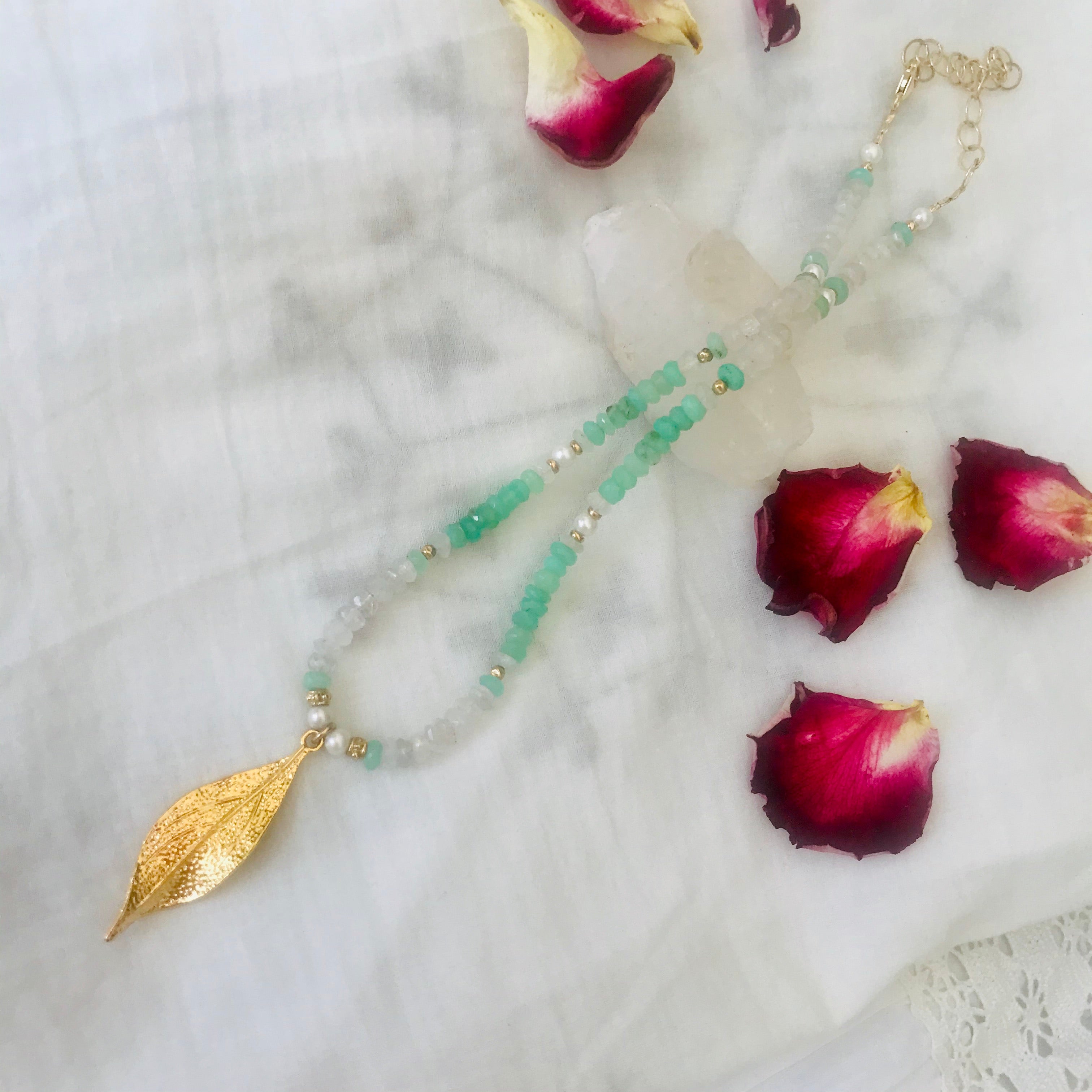 Moonstone Chrysoprase Feather Charm Necklace