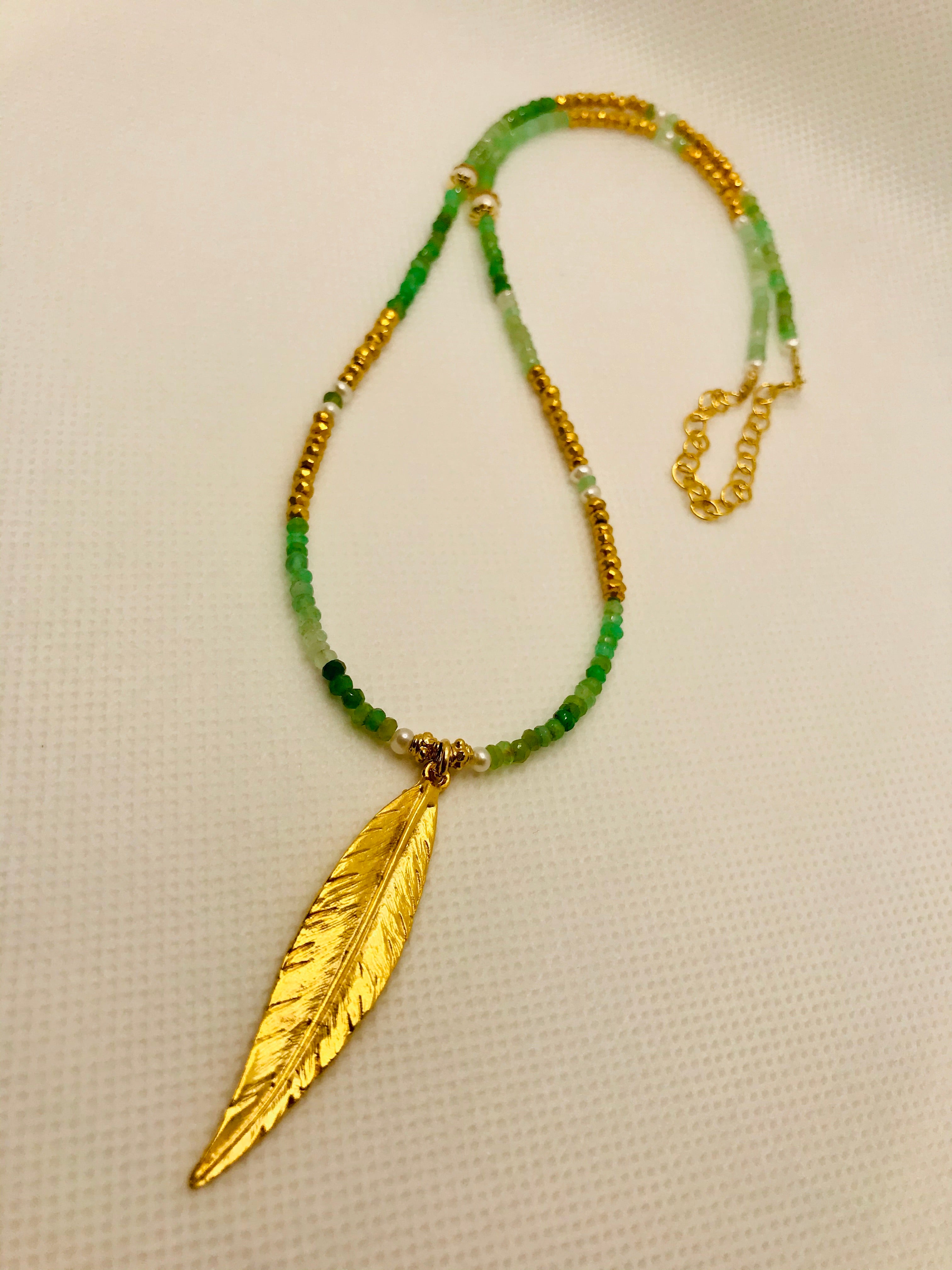 Chrysoprase long Feather Charm Necklace