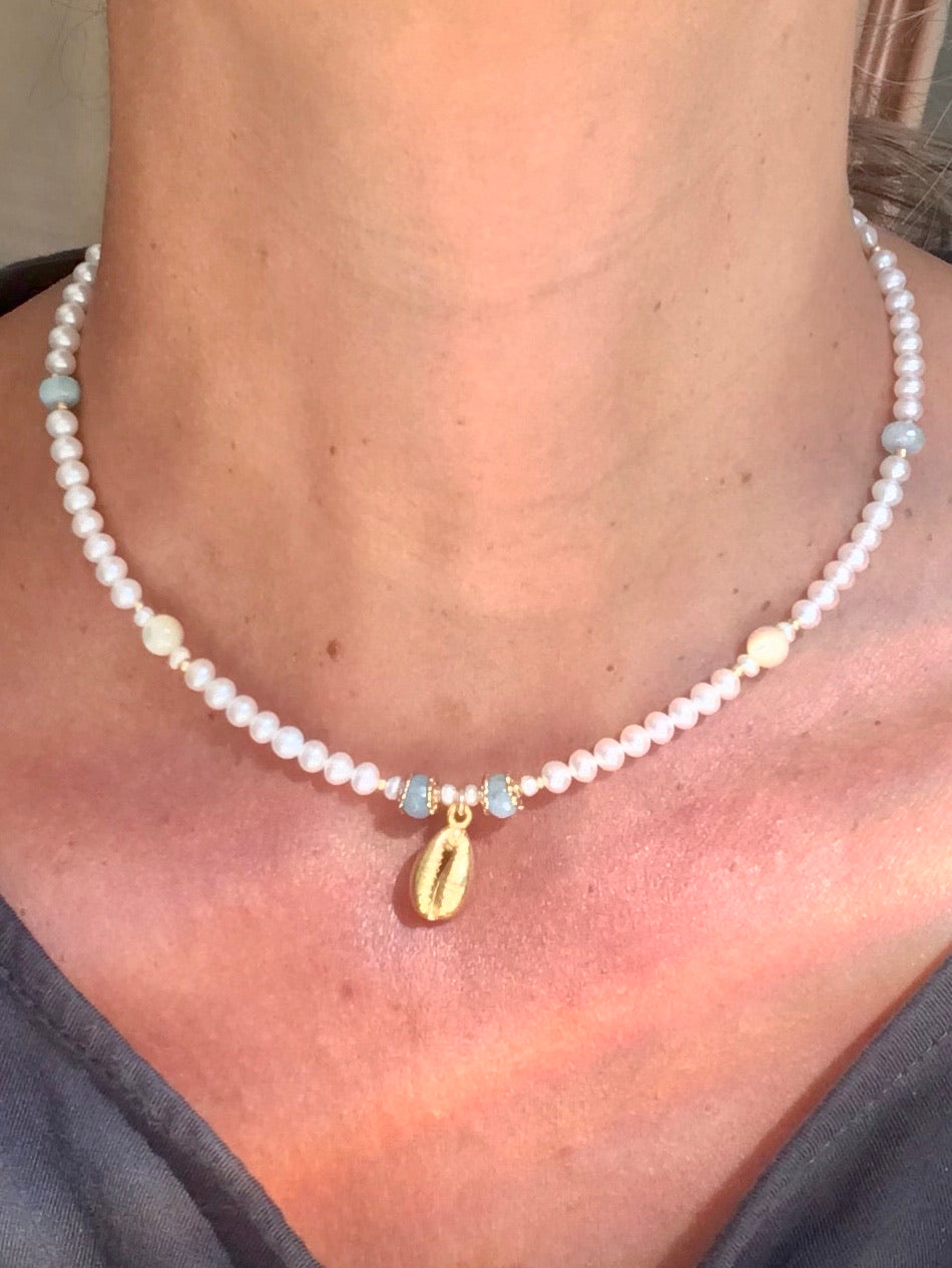 Pearl Aquamarine Choker & Sea shell charm