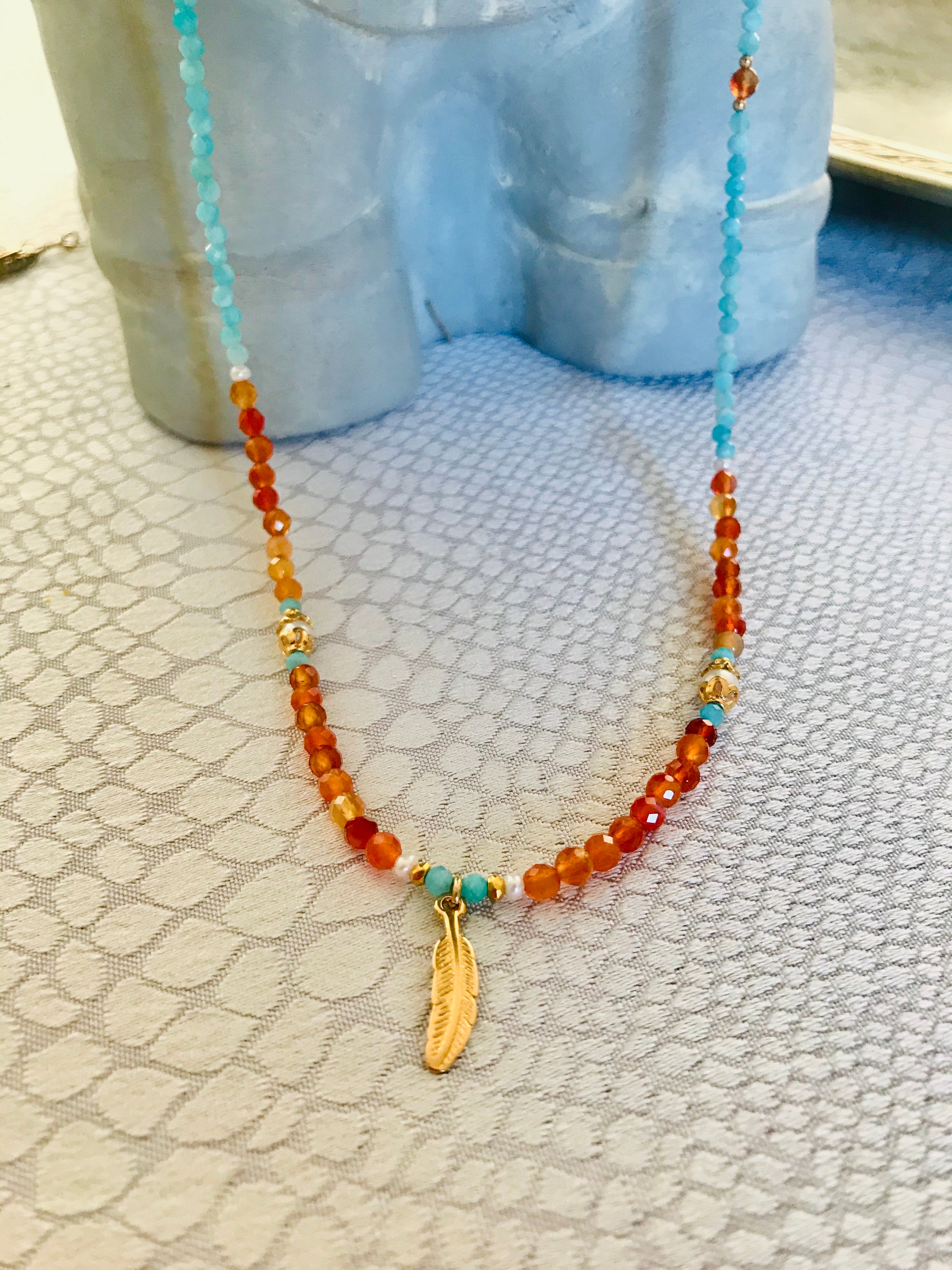 Amazonite Carnelian feather necklace (long)