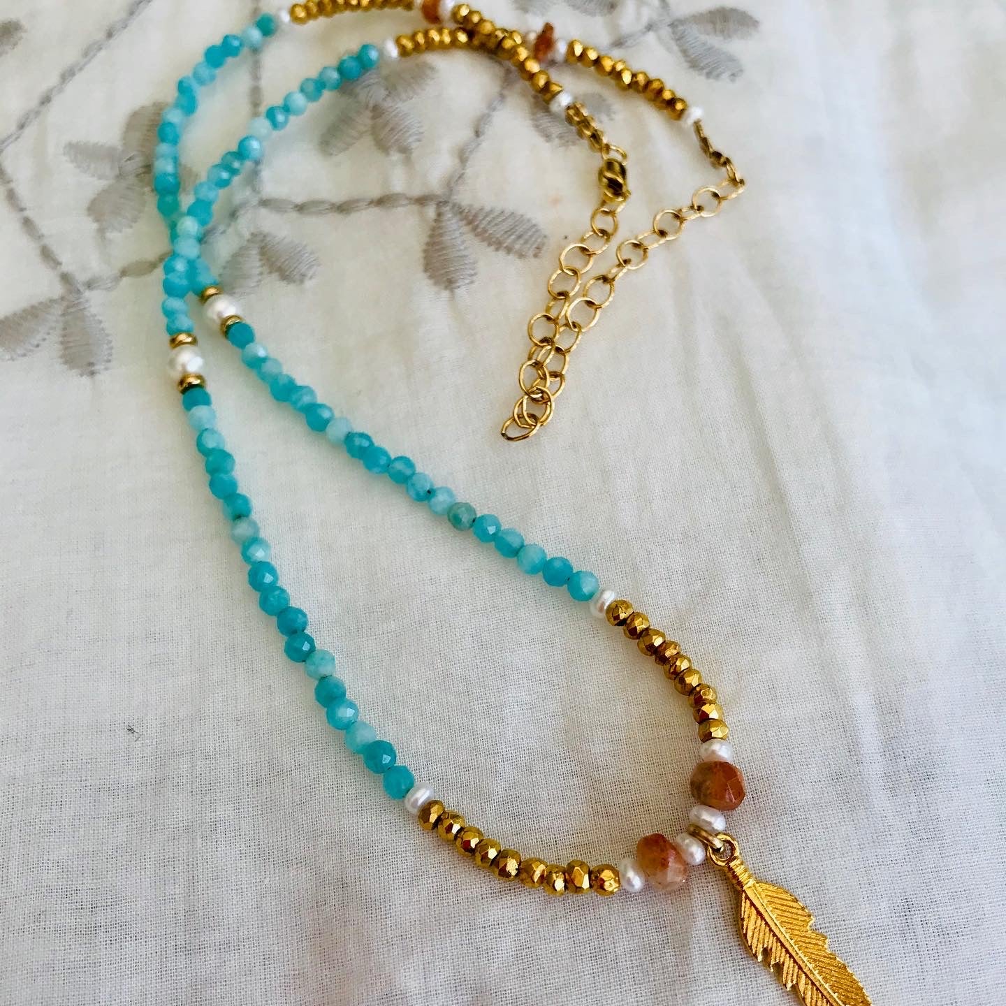 Amazonite Sunstone feather necklace