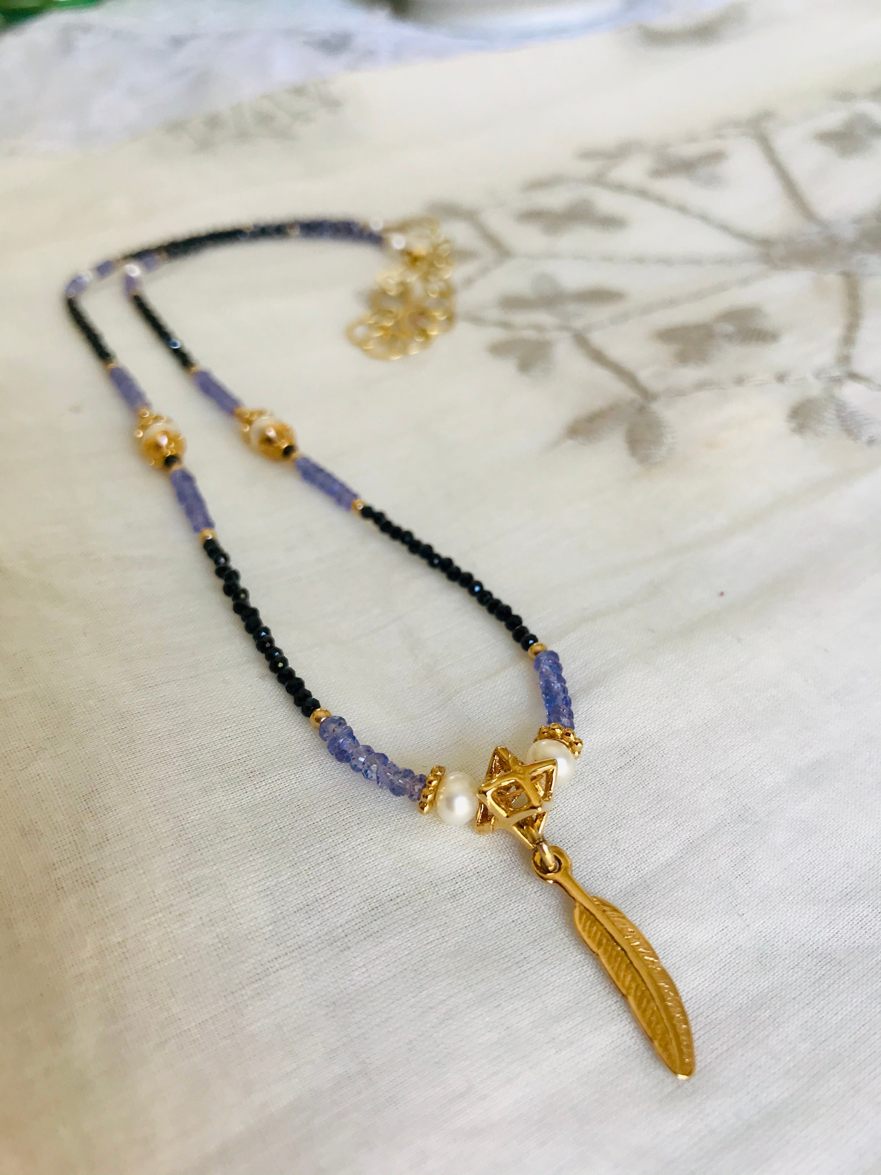 Tanzanite Black Spinel Merkavah Feather Necklace