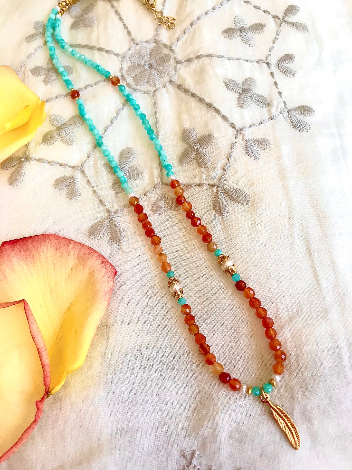 Amazonite Carnelian feather necklace (long)