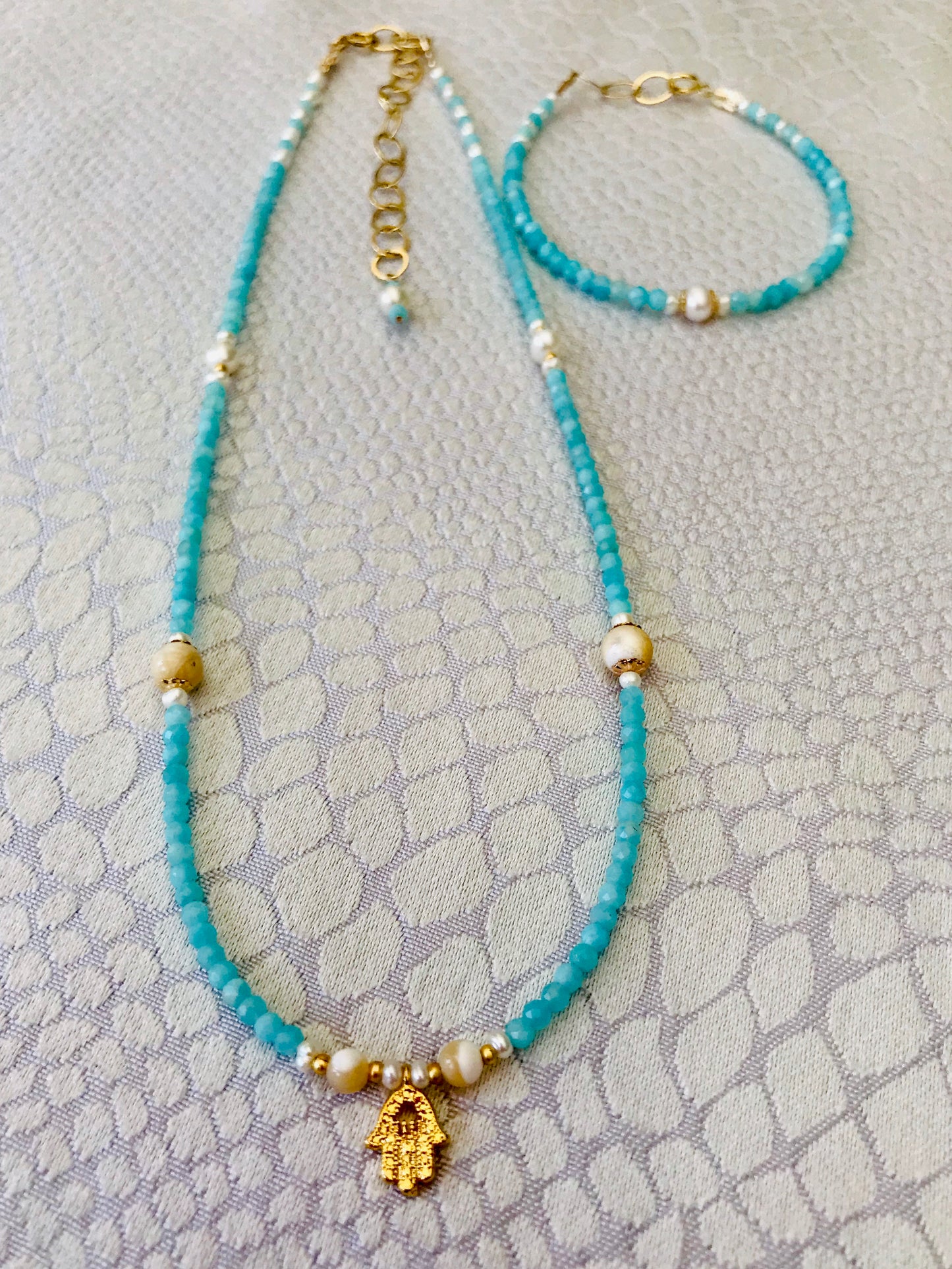 Amazonite & Mother of Pearl Hamsah necklace & bracelet set