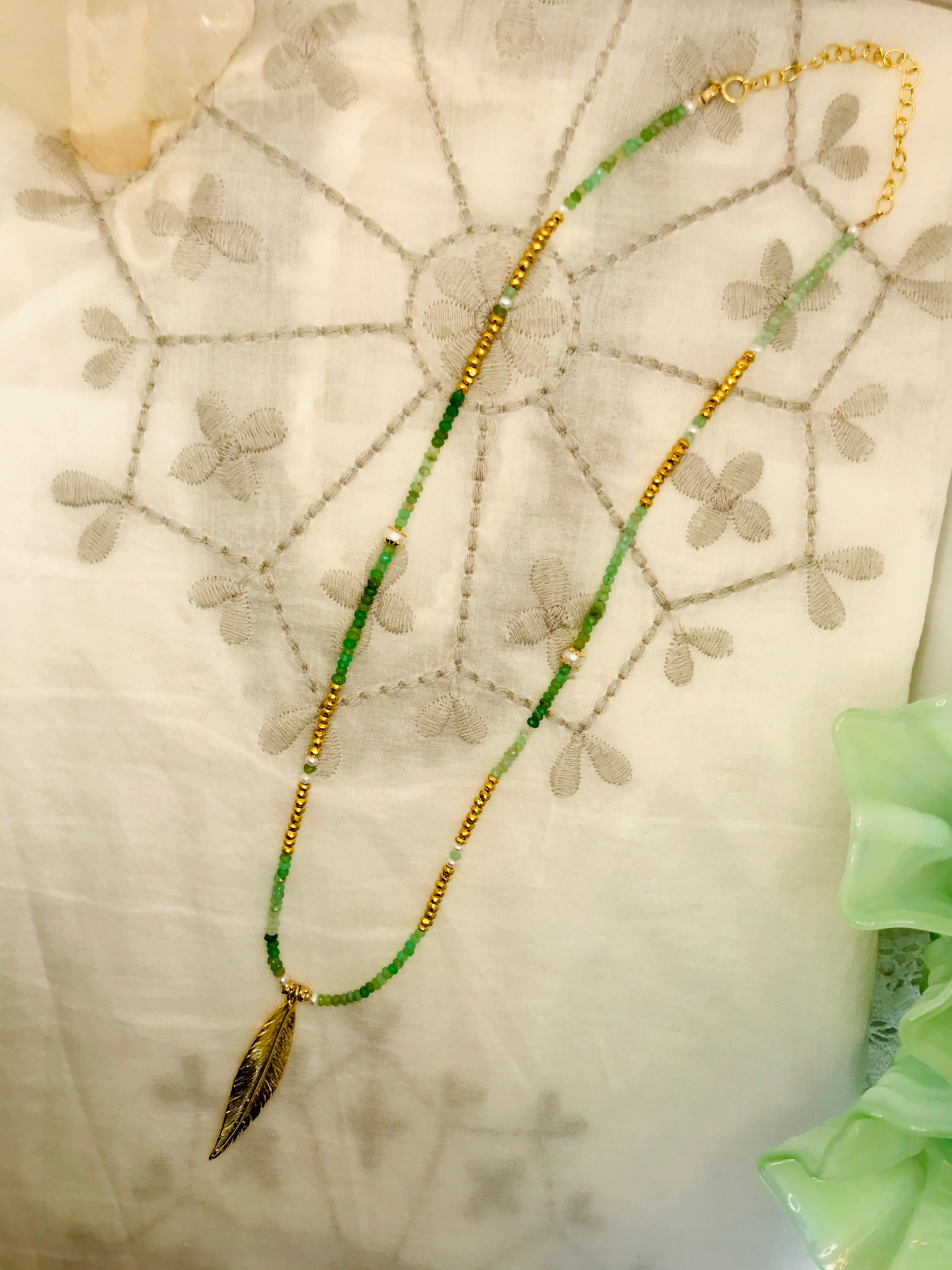 Chrysoprase long Feather Charm Necklace