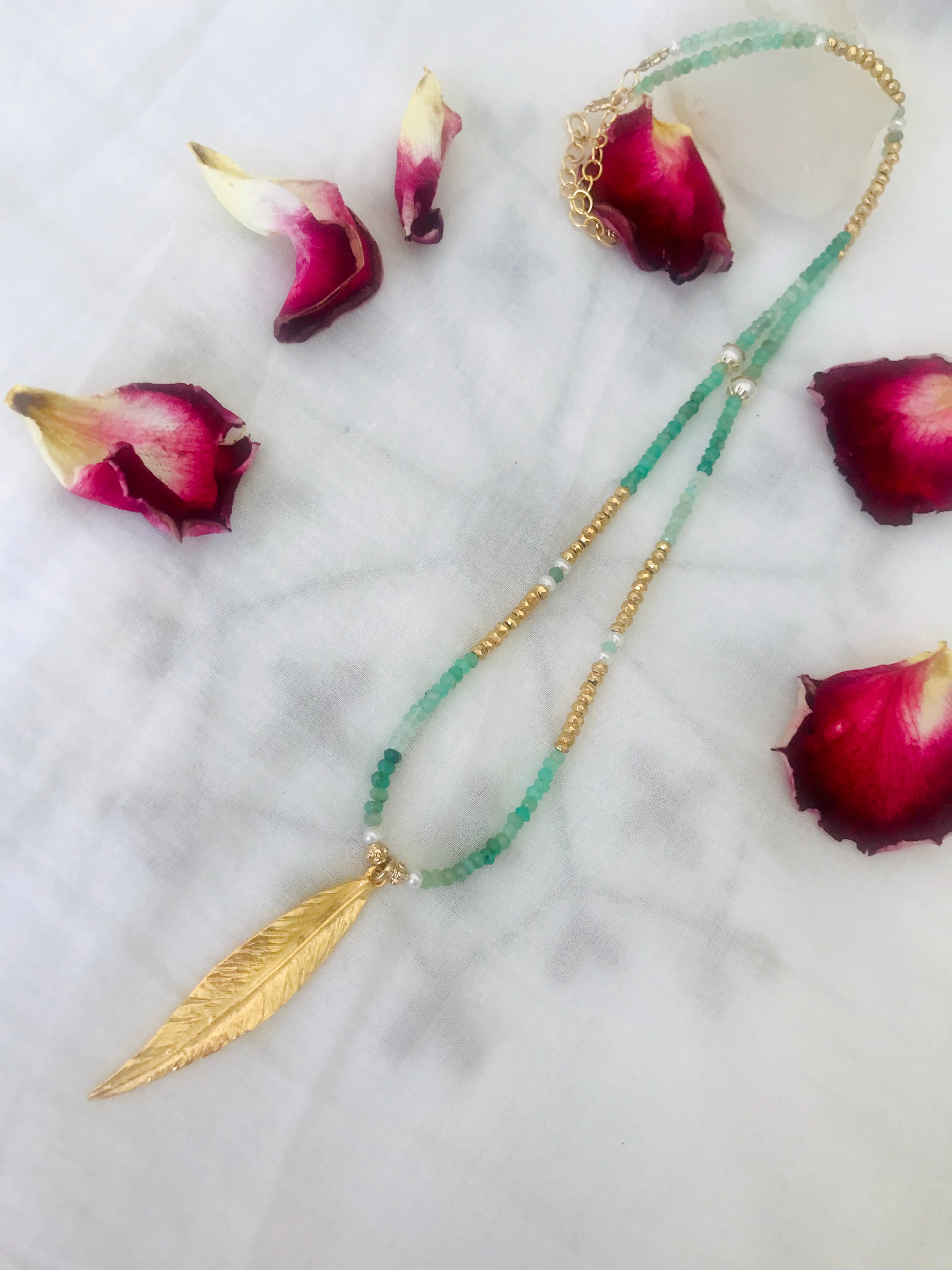 Chrysoprase long Feather Charm Necklace