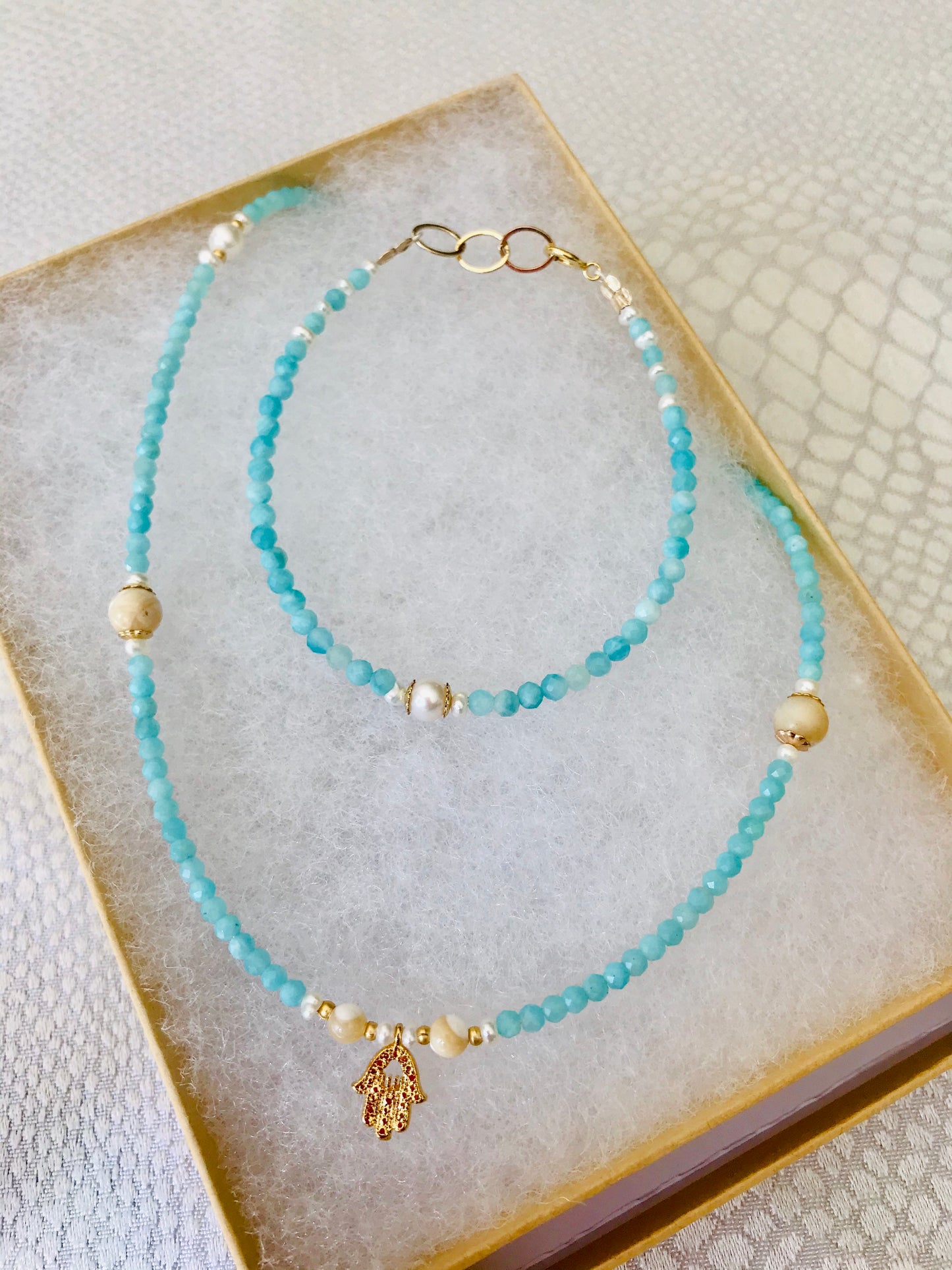 Amazonite & Mother of Pearl Hamsah necklace & bracelet set