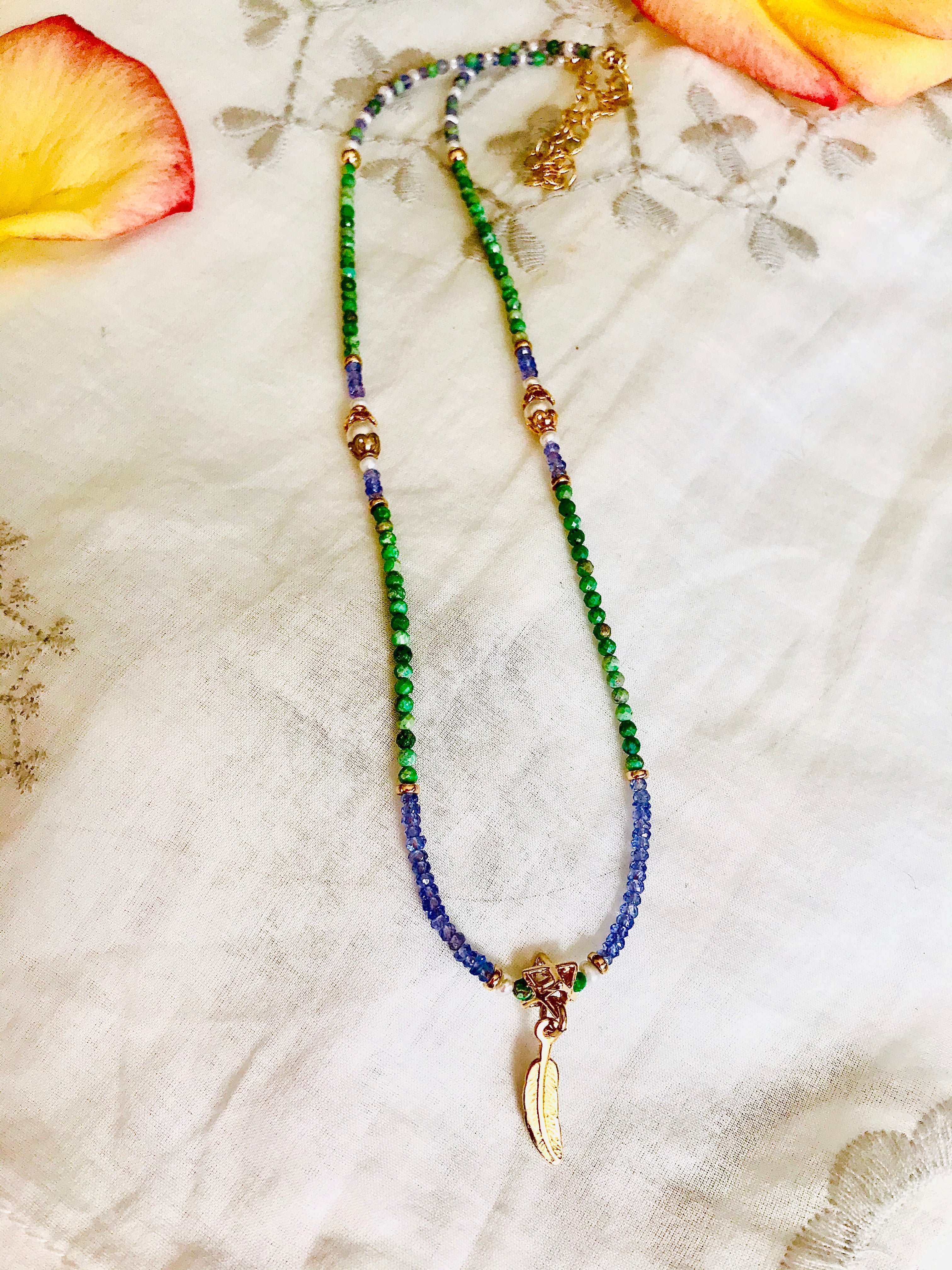 Tanzanite Green Turquoise Merkavah Feather Necklace