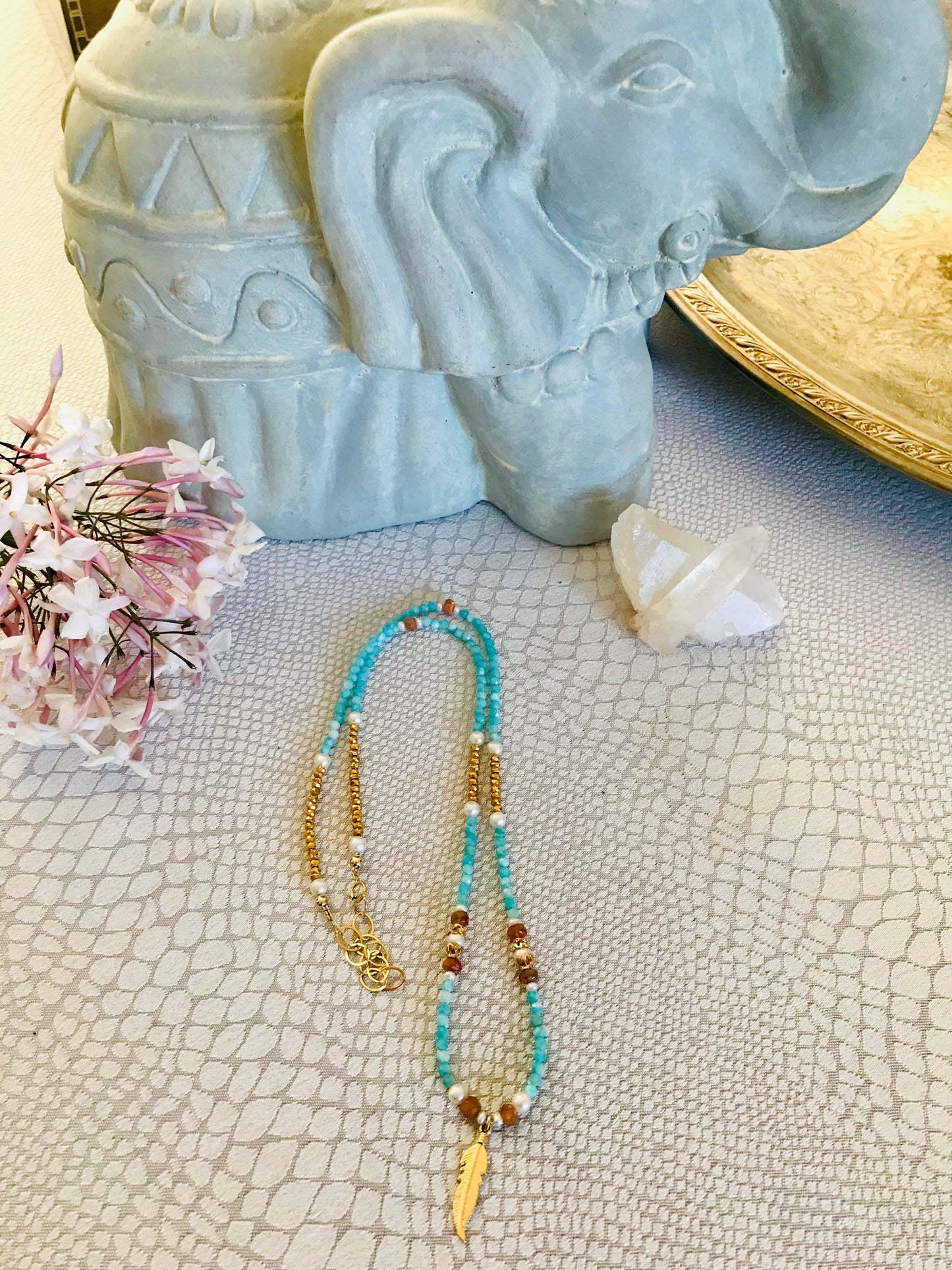 Amazonite Sunstone feather necklace (long)