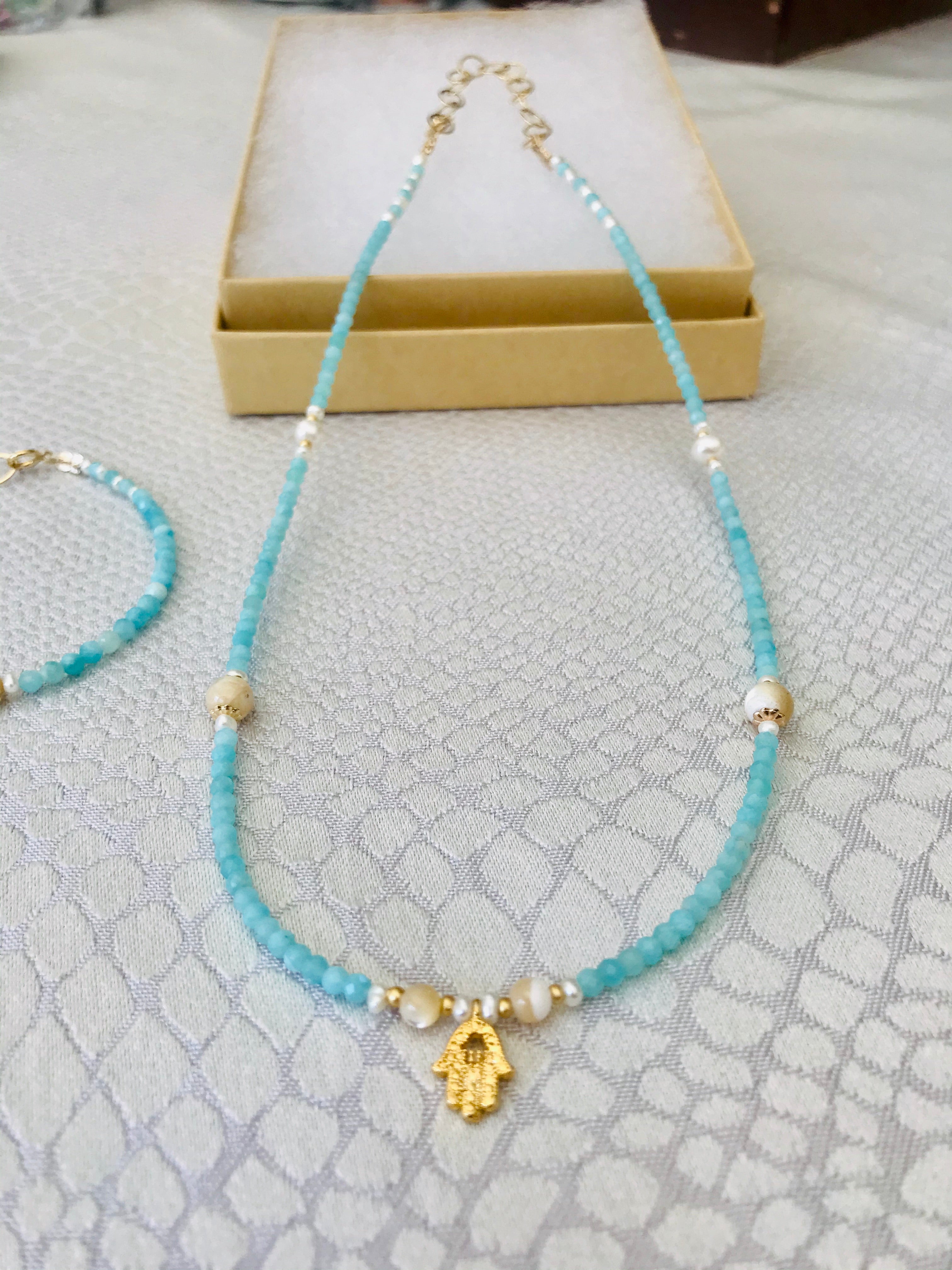 Amazonite & Mother of Pearl Hamsah necklace & bracelet set