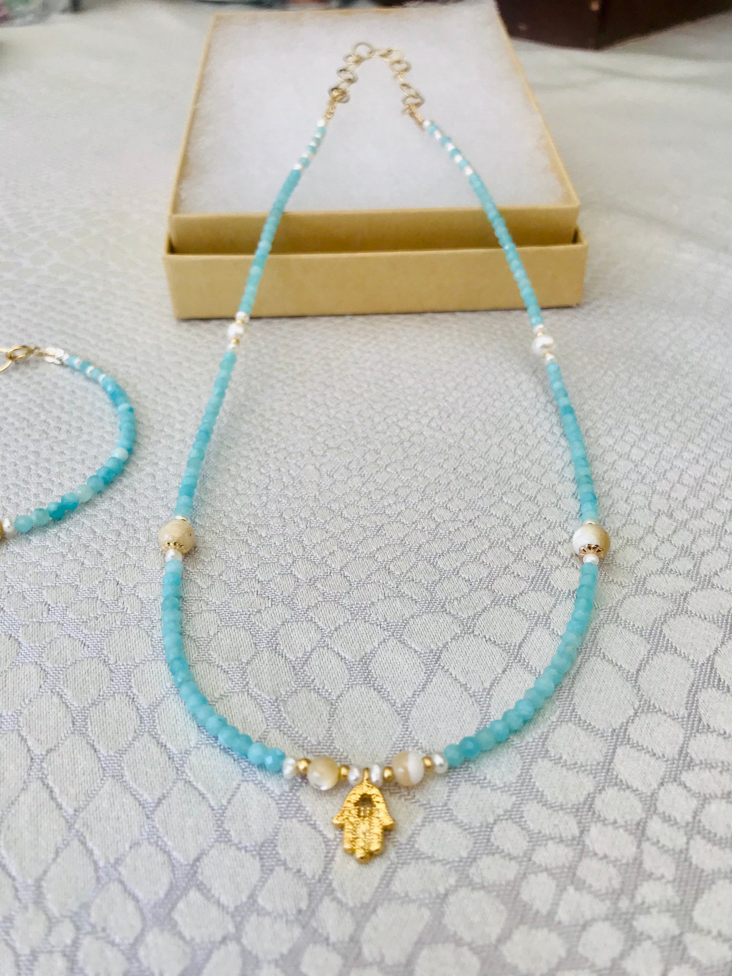 Amazonite & Mother of Pearl Hamsah necklace & bracelet set