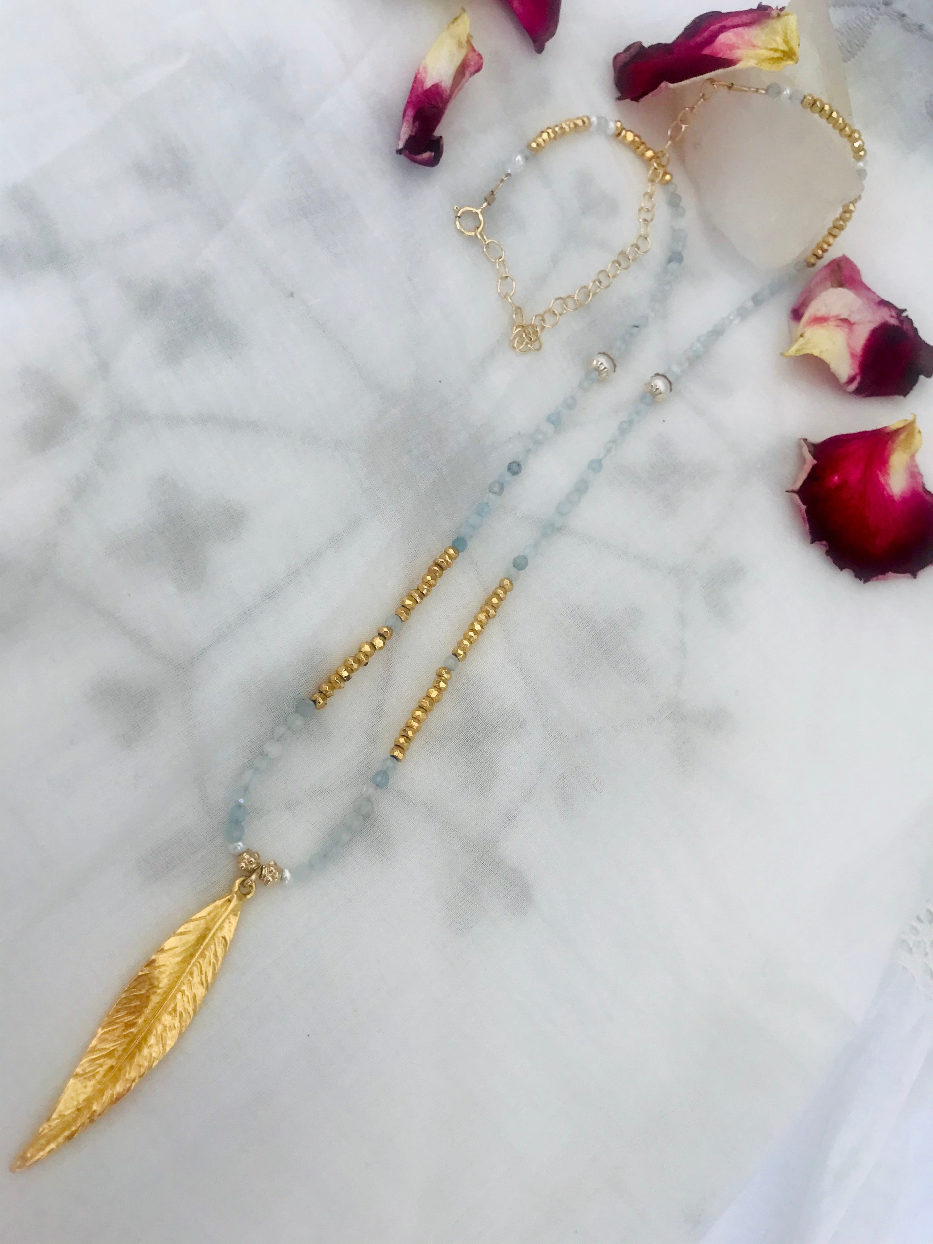 Aquamarine Long Feather Charm Necklace