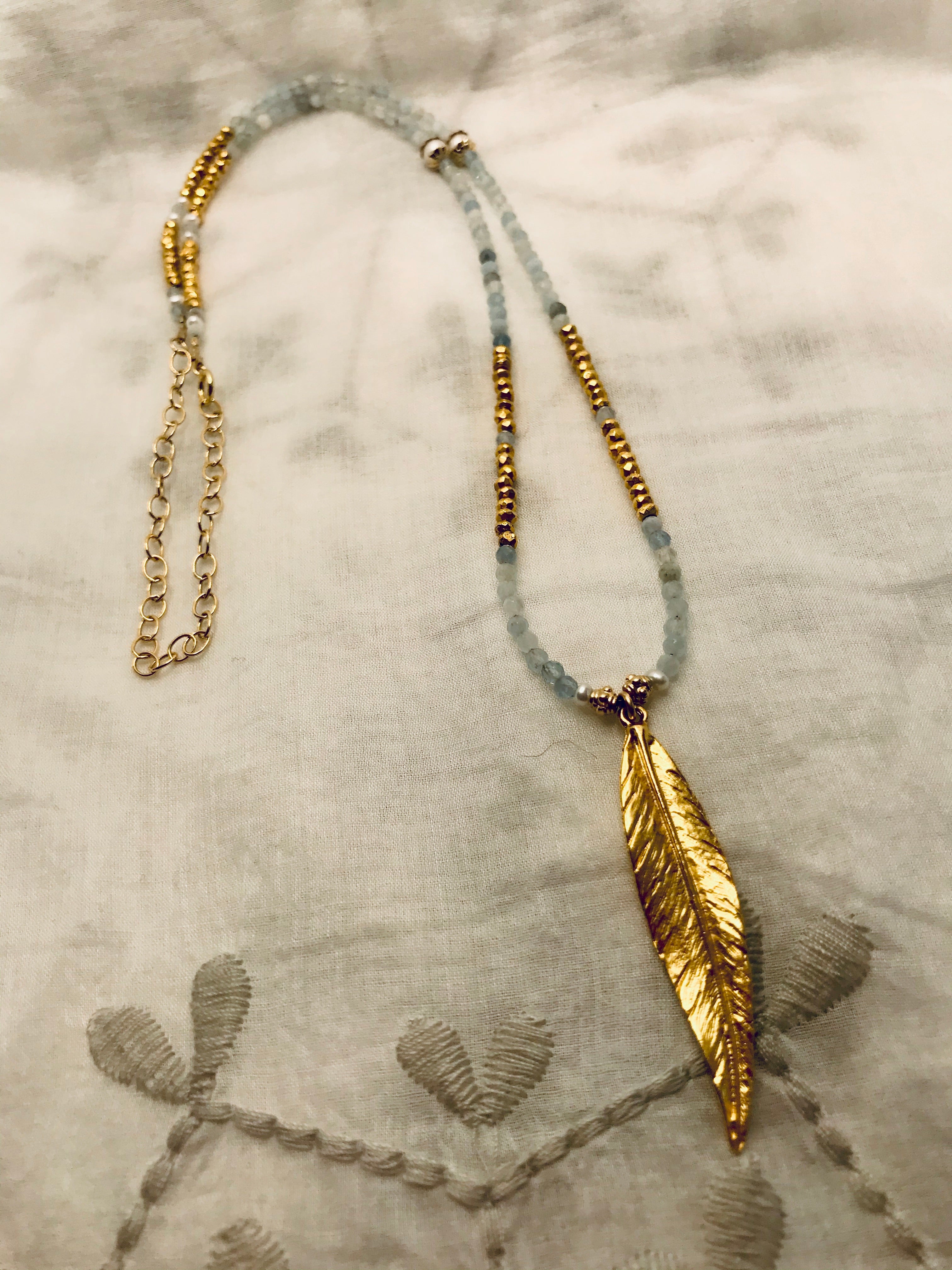 Aquamarine Long Feather Charm Necklace