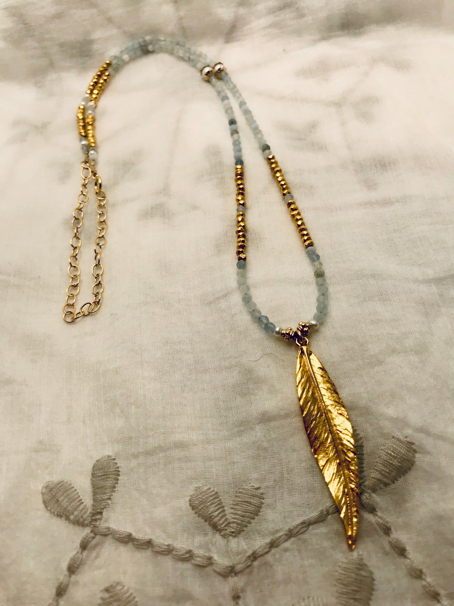 Aquamarine Long Feather Charm Necklace