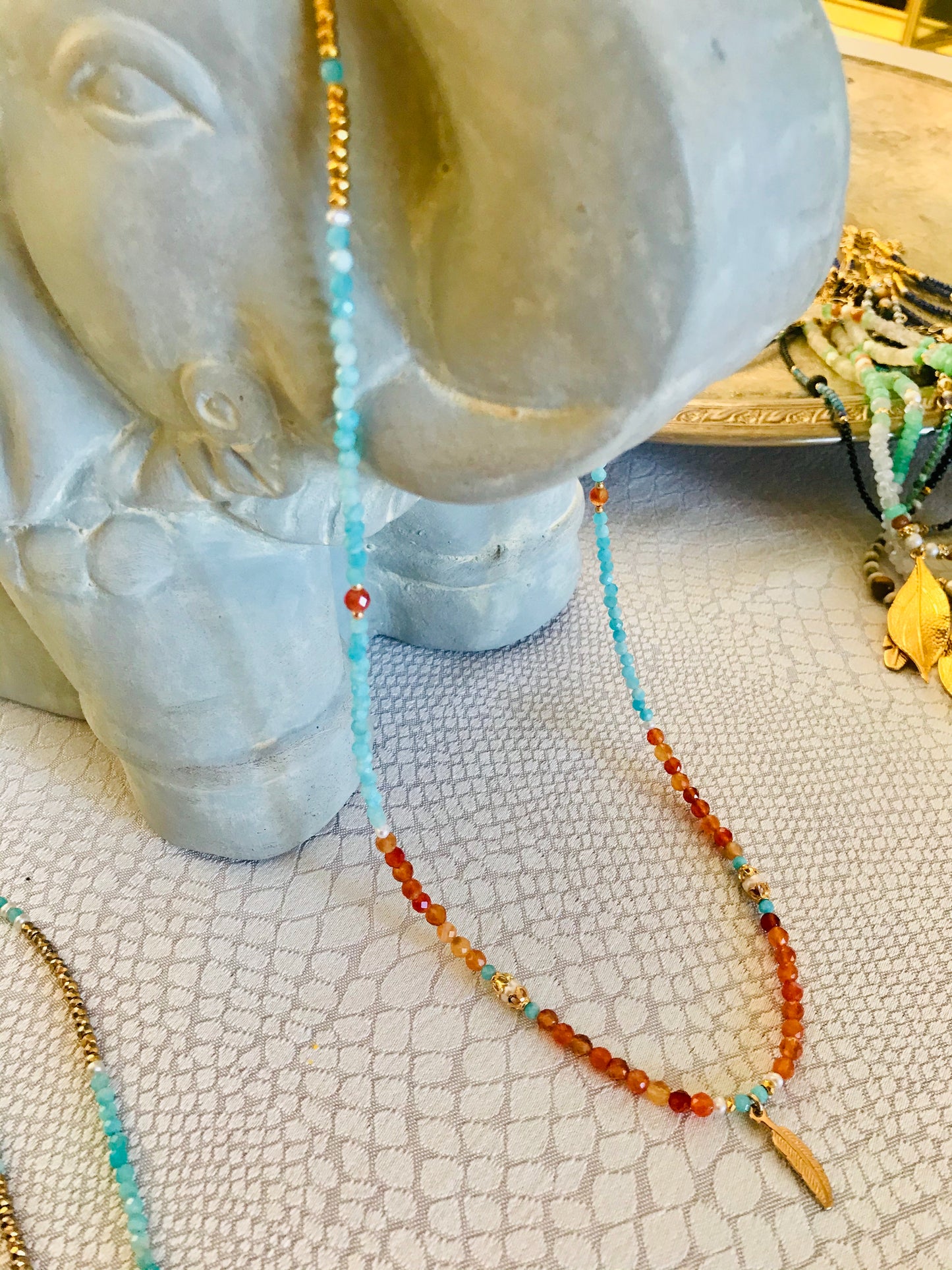 Amazonite Carnelian feather necklace (long)