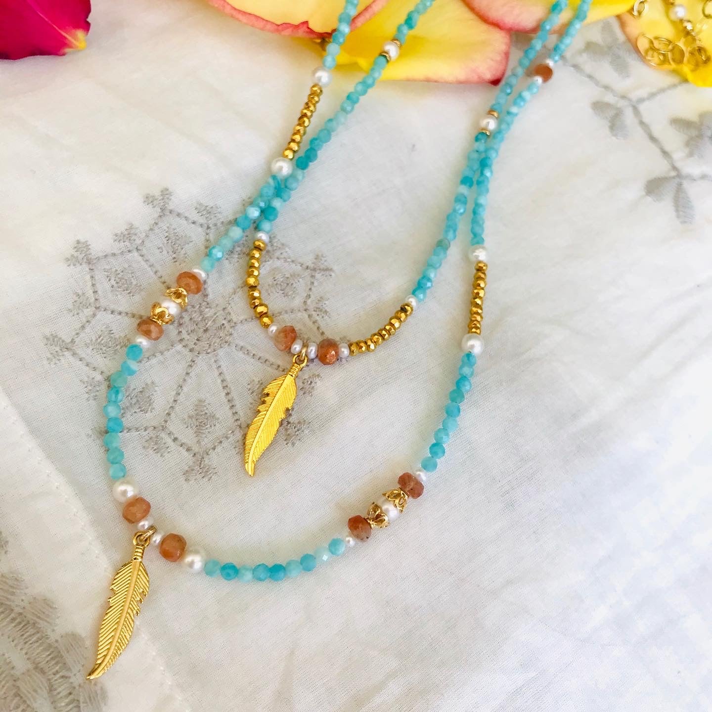 Amazonite Sunstone feather necklace