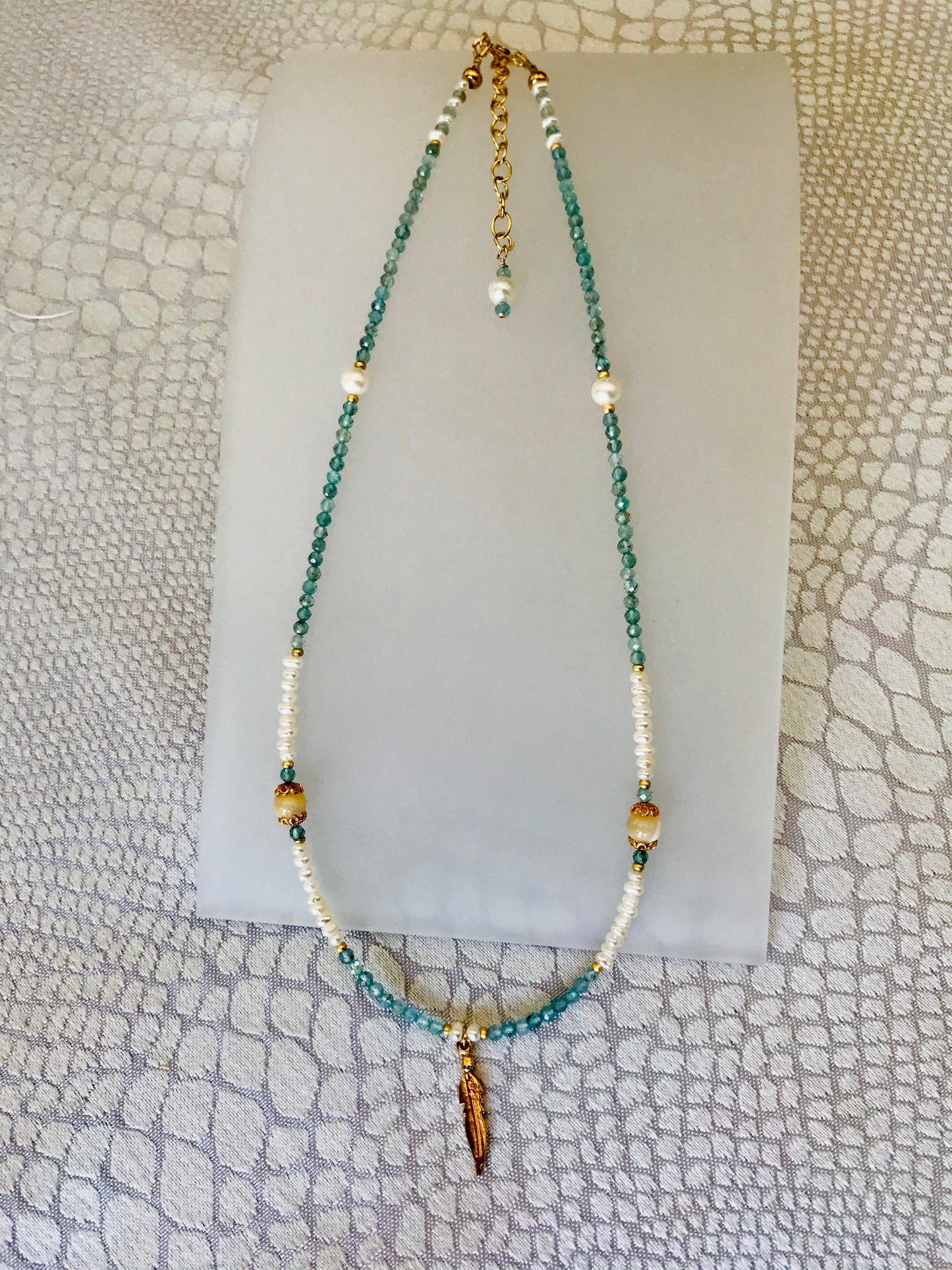 Apatite Mother of Pearl Feather Charm Necklace