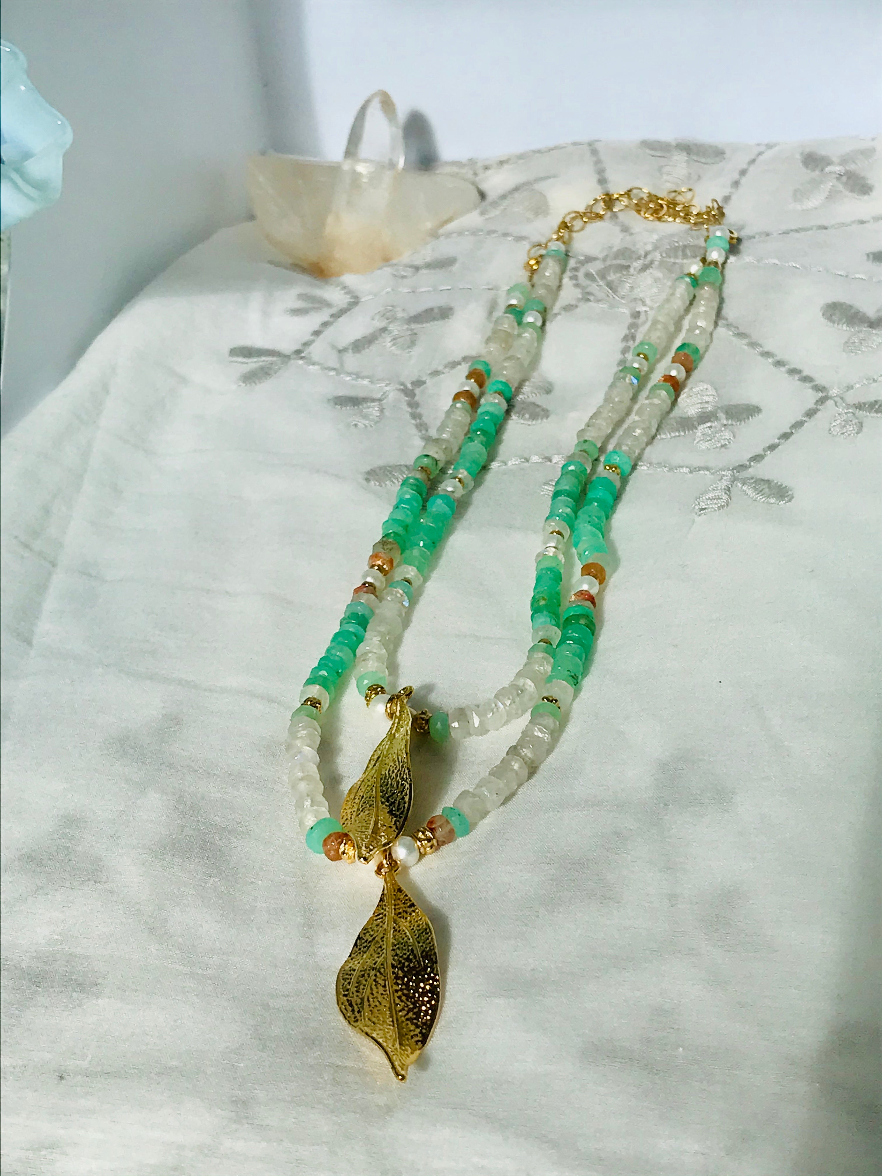 Moonstone Chrysoprase Feather Charm Necklace