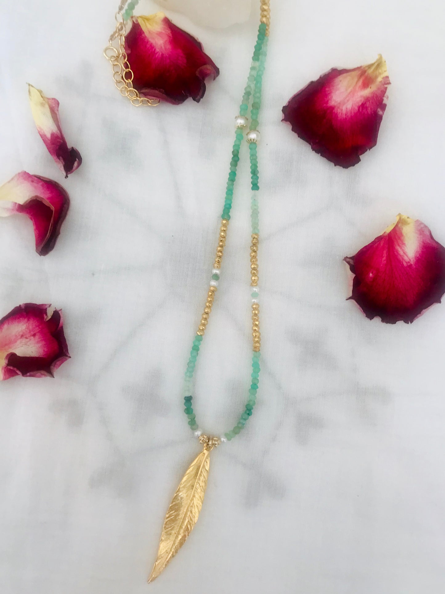 Chrysoprase long Feather Charm Necklace