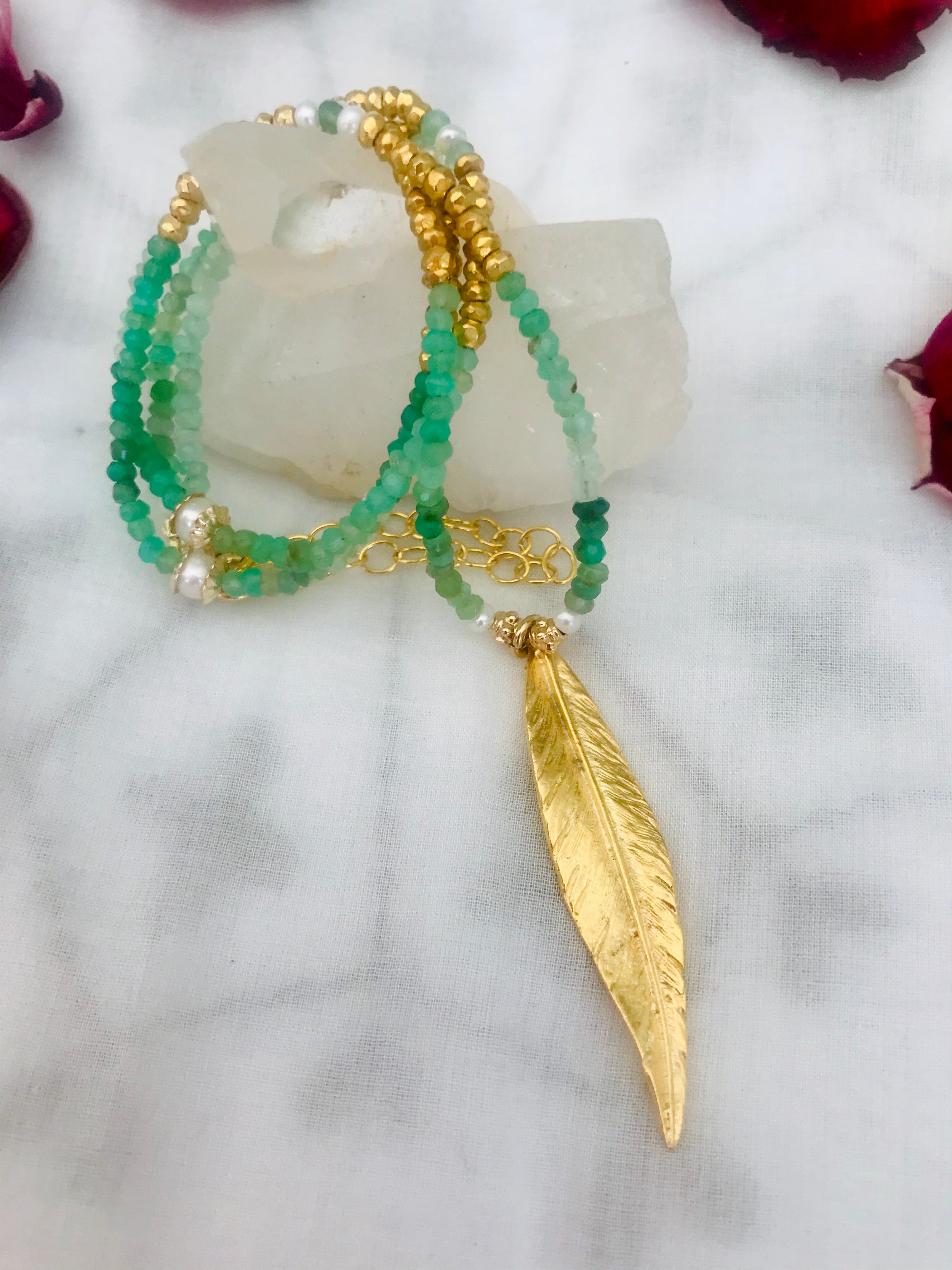 Chrysoprase long Feather Charm Necklace