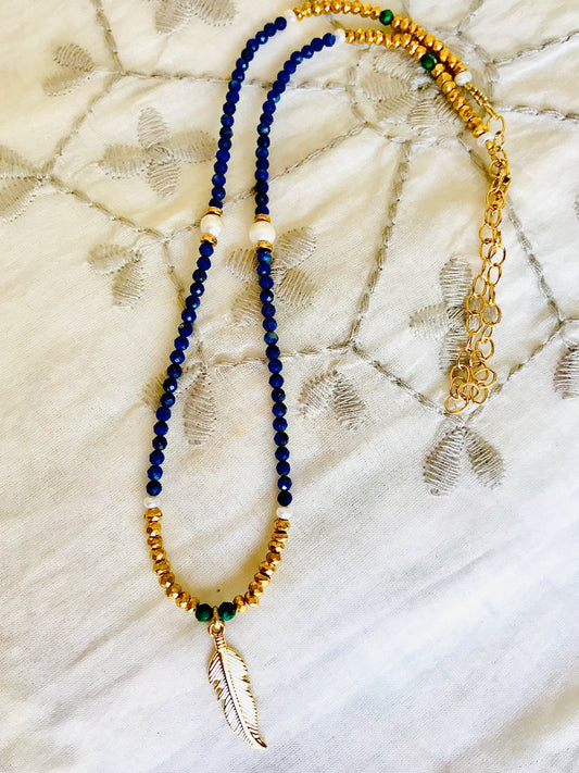 Lapis Lazuli Malachite Feather charm necklace