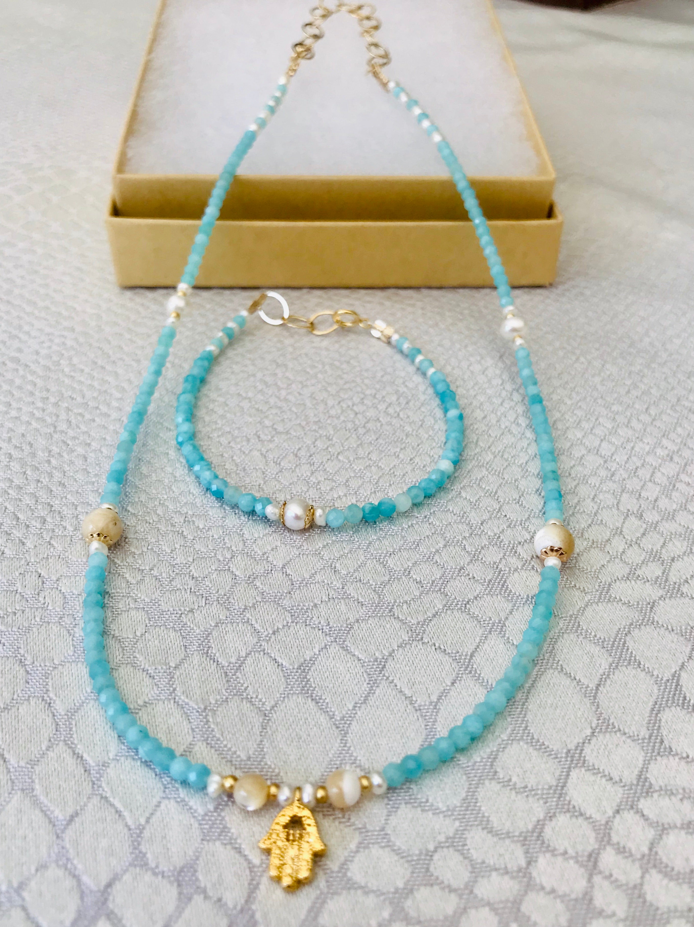 Amazonite & Mother of Pearl Hamsah necklace & bracelet set