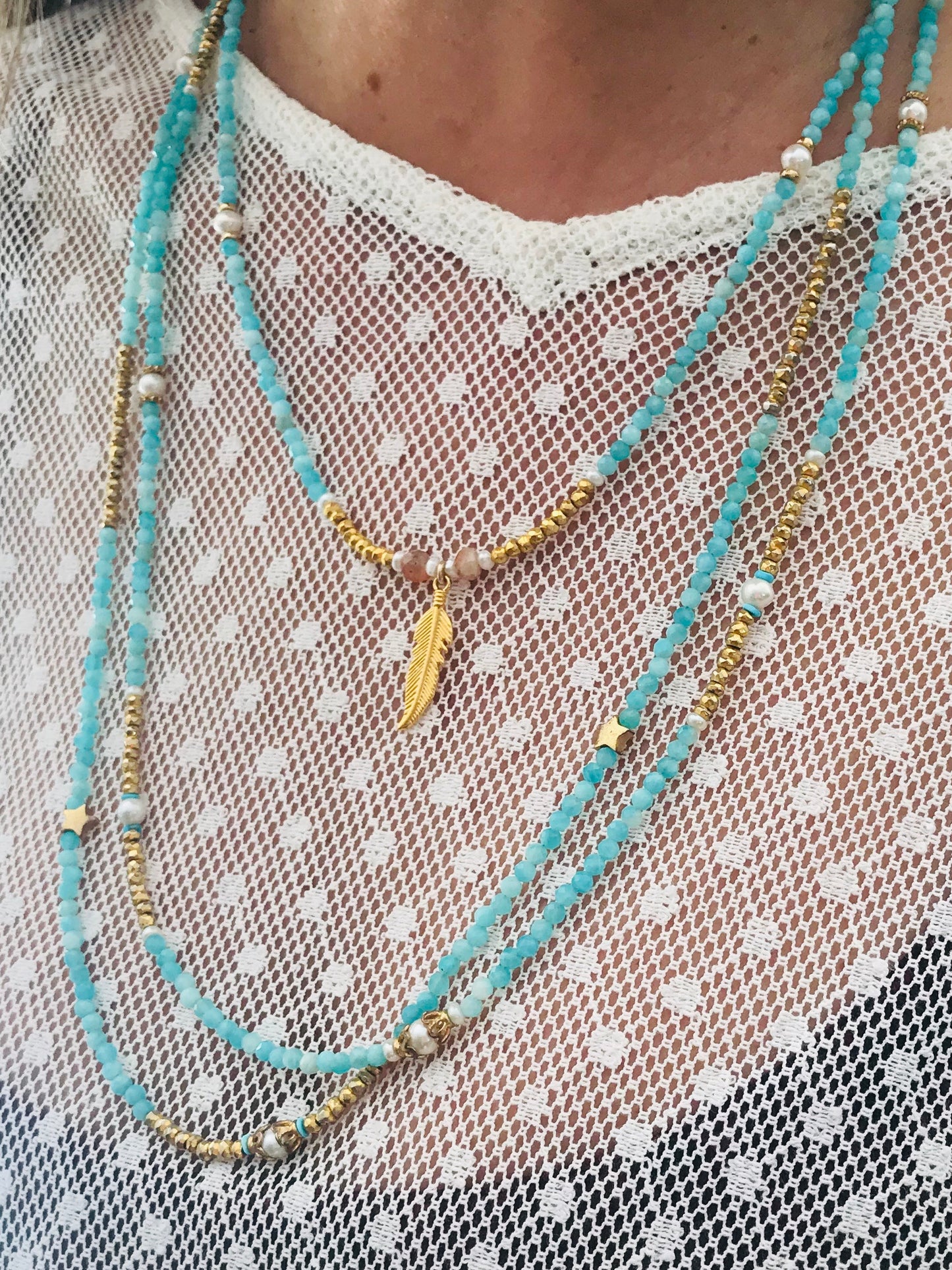 Amazonite Pyrite Long Stacking Necklace